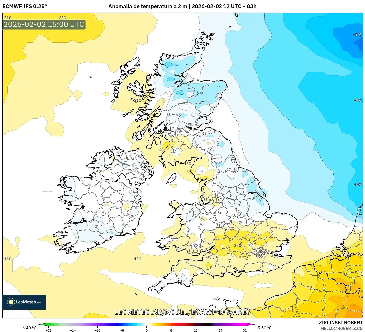 ECMWF IFS 0.25° model - Reino Unido, Anomalía de temperatura a 2 m