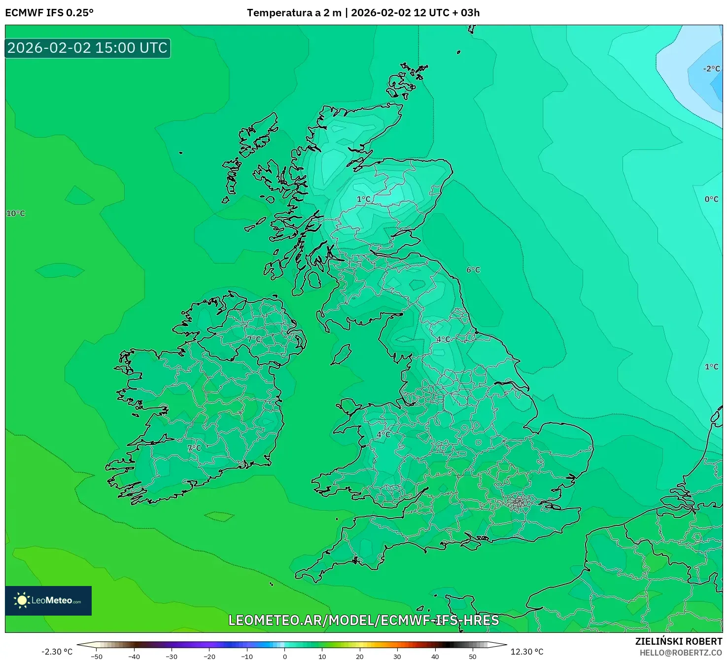 ECMWF IFS 0.25° model - Reino Unido, Temperatura a 2 m