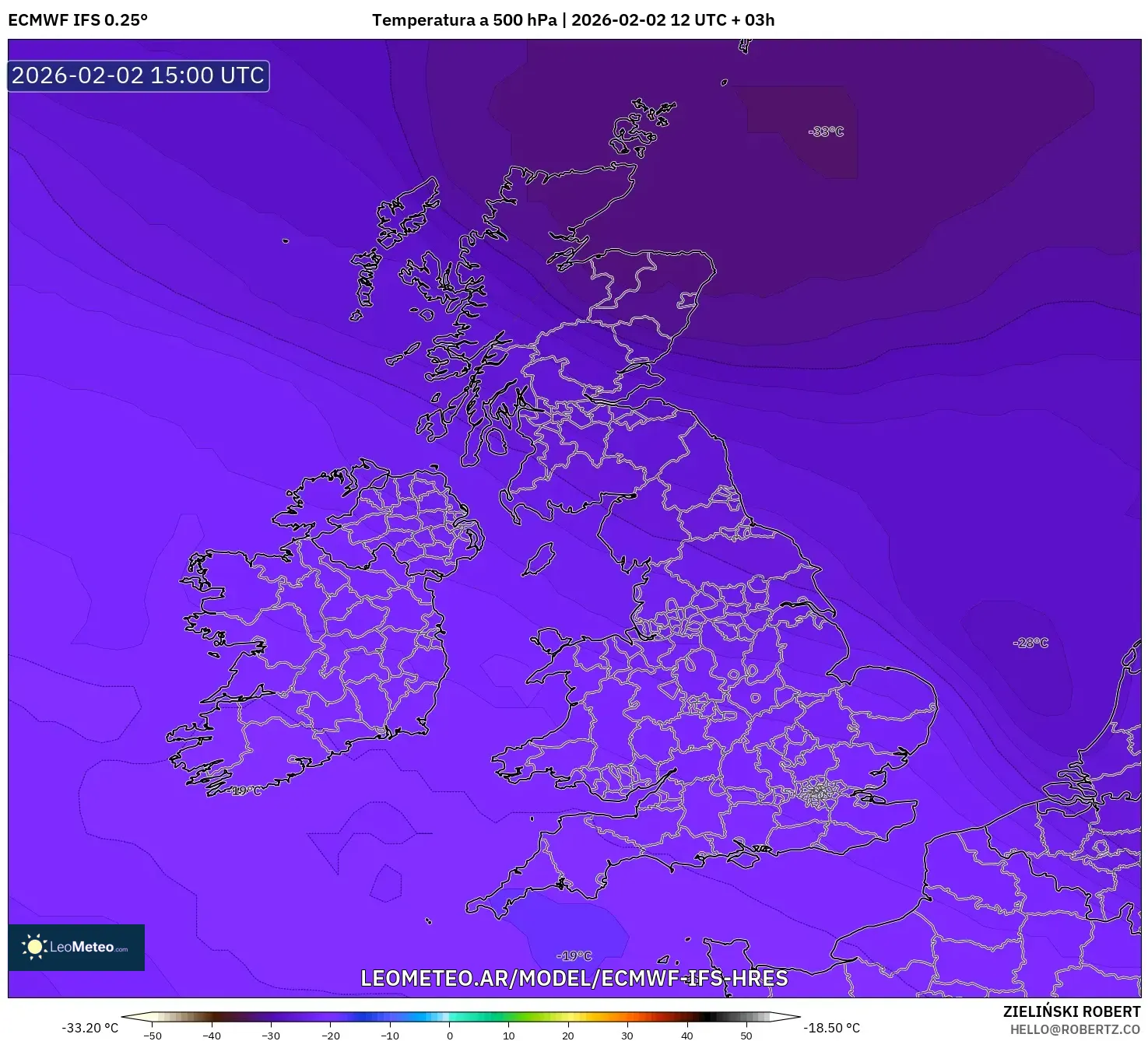 ECMWF IFS 0.25° model - Reino Unido, Temperatura a 500 hPa