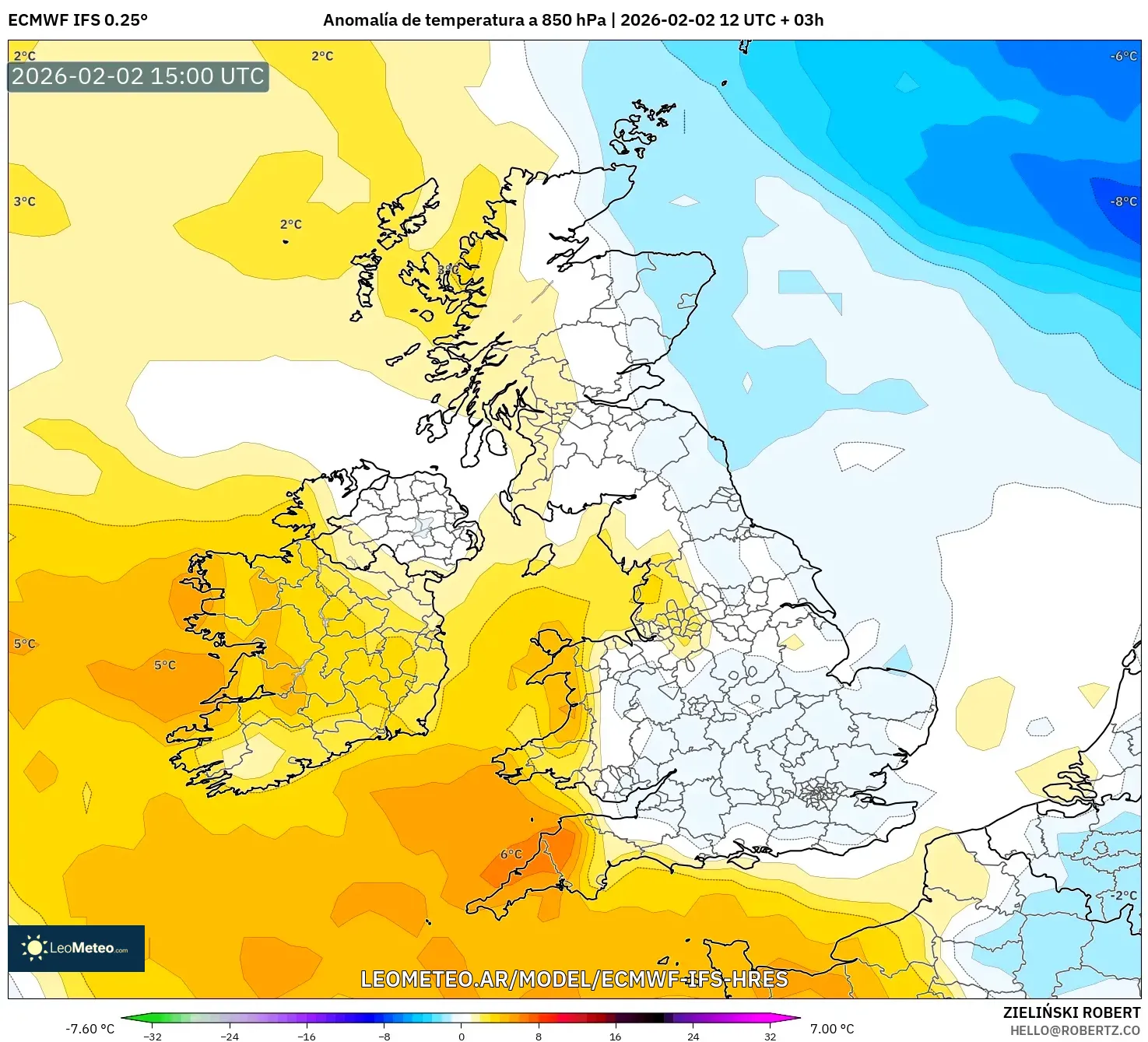 ECMWF IFS 0.25° model - Reino Unido, Anomalía de temperatura a 850 hPa