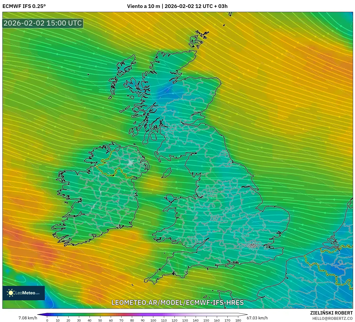 ECMWF IFS 0.25° model - Reino Unido, Viento a 10 m