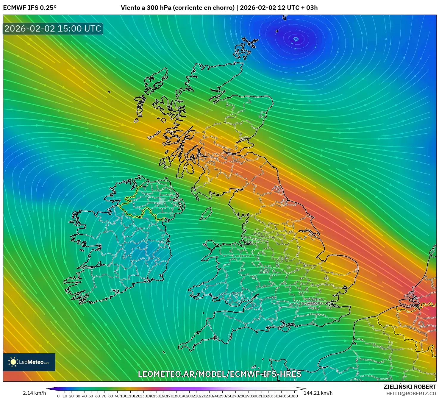 ECMWF IFS 0.25° model - Reino Unido, Viento a 300 hPa (corriente en chorro)