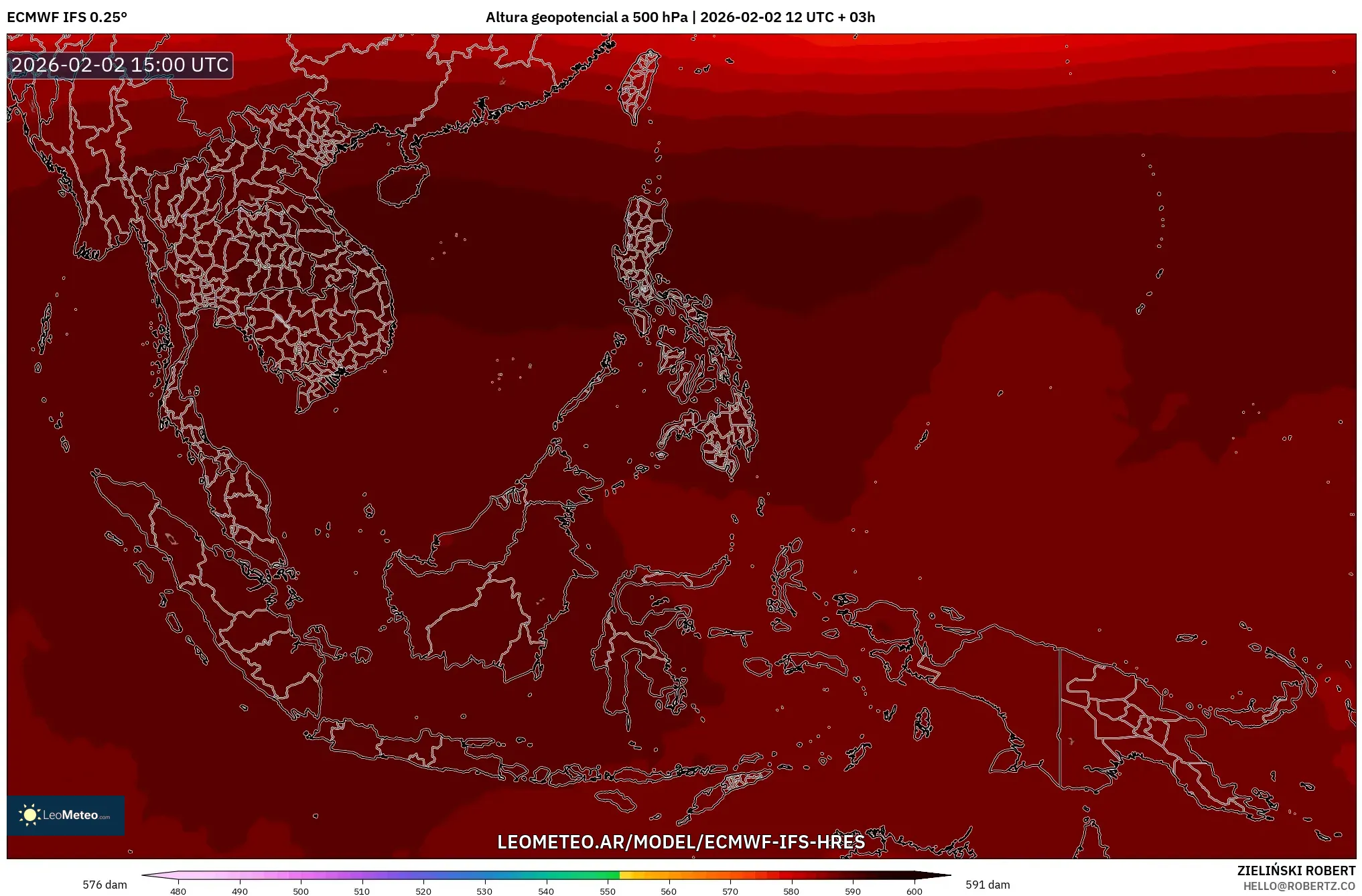 ECMWF IFS 0.25° model - Sudeste Asiático, Altura geopotencial a 500 hPa