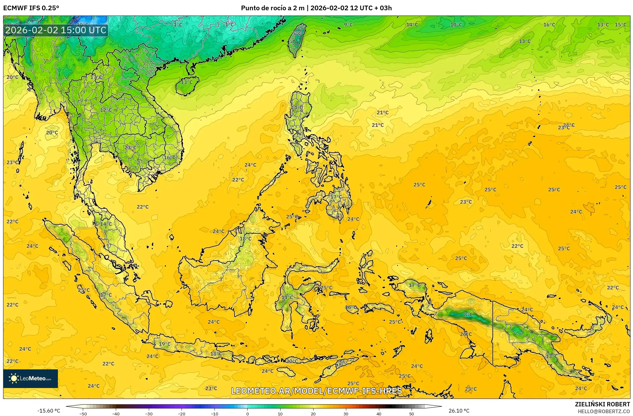 ECMWF IFS 0.25° model - Sudeste Asiático, Punto de rocío a 2 m