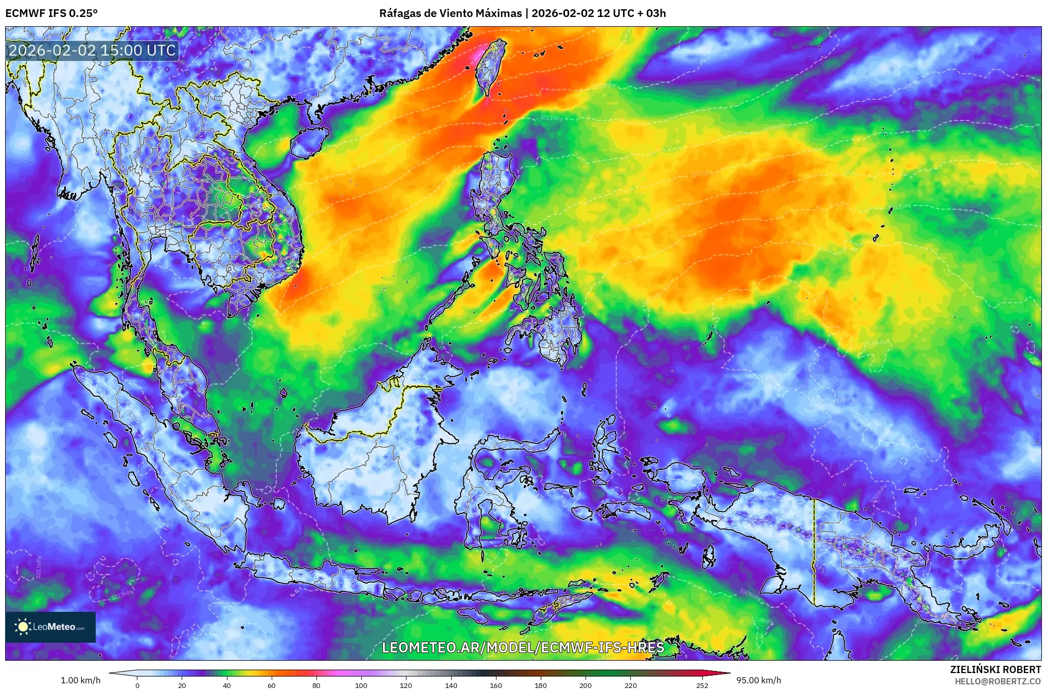 ECMWF IFS 0.25° model - Sudeste Asiático, Ráfagas de Viento Máximas