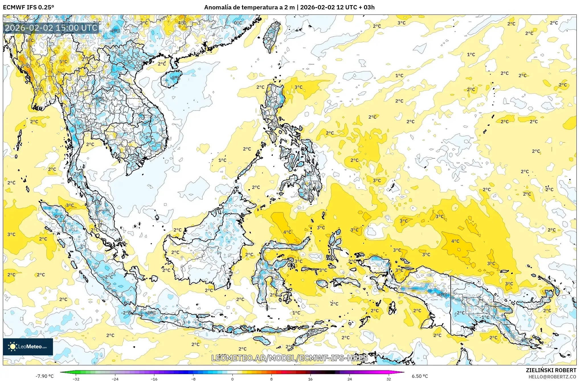 ECMWF IFS 0.25° model - Sudeste Asiático, Anomalía de temperatura a 2 m