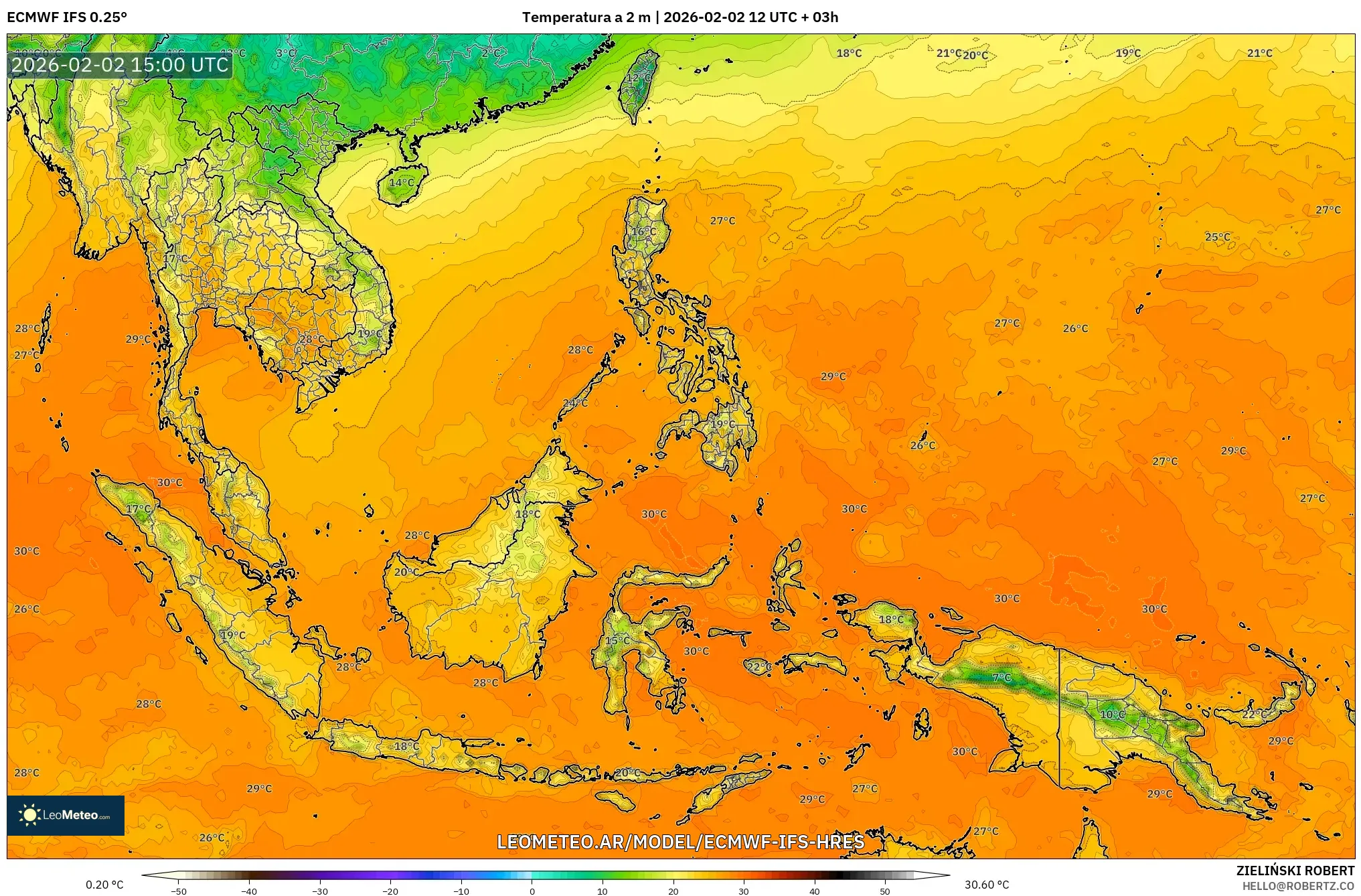 ECMWF IFS 0.25° model - Sudeste Asiático, Temperatura a 2 m
