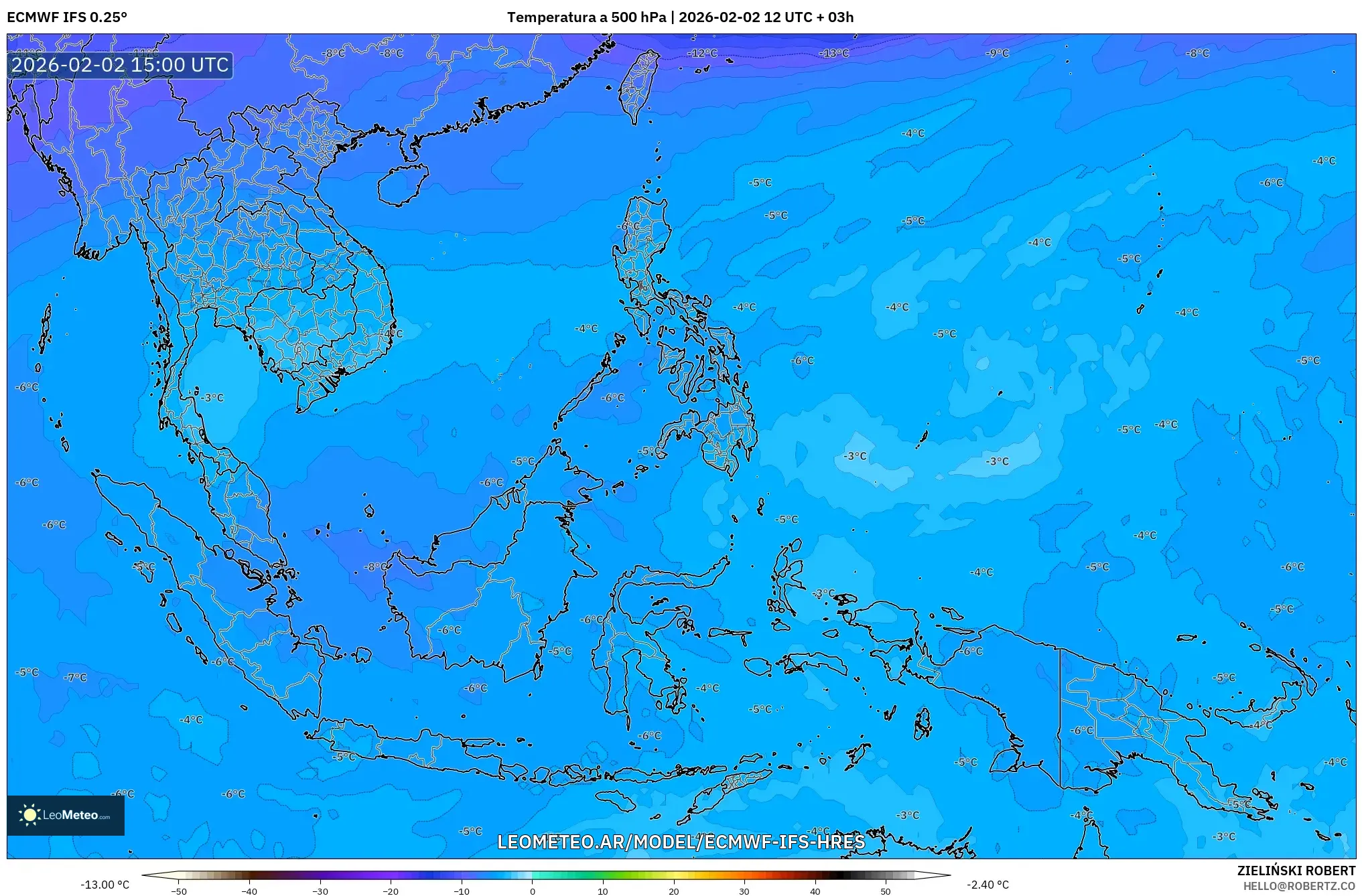 ECMWF IFS 0.25° model - Sudeste Asiático, Temperatura a 500 hPa