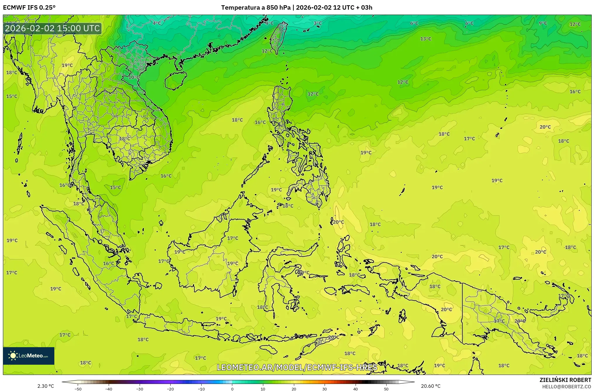 ECMWF IFS 0.25° model - Sudeste Asiático, Temperatura a 850 hPa