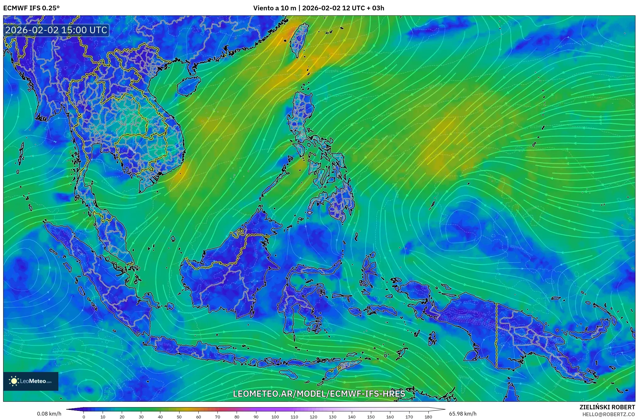 ECMWF IFS 0.25° model - Sudeste Asiático, Viento a 10 m