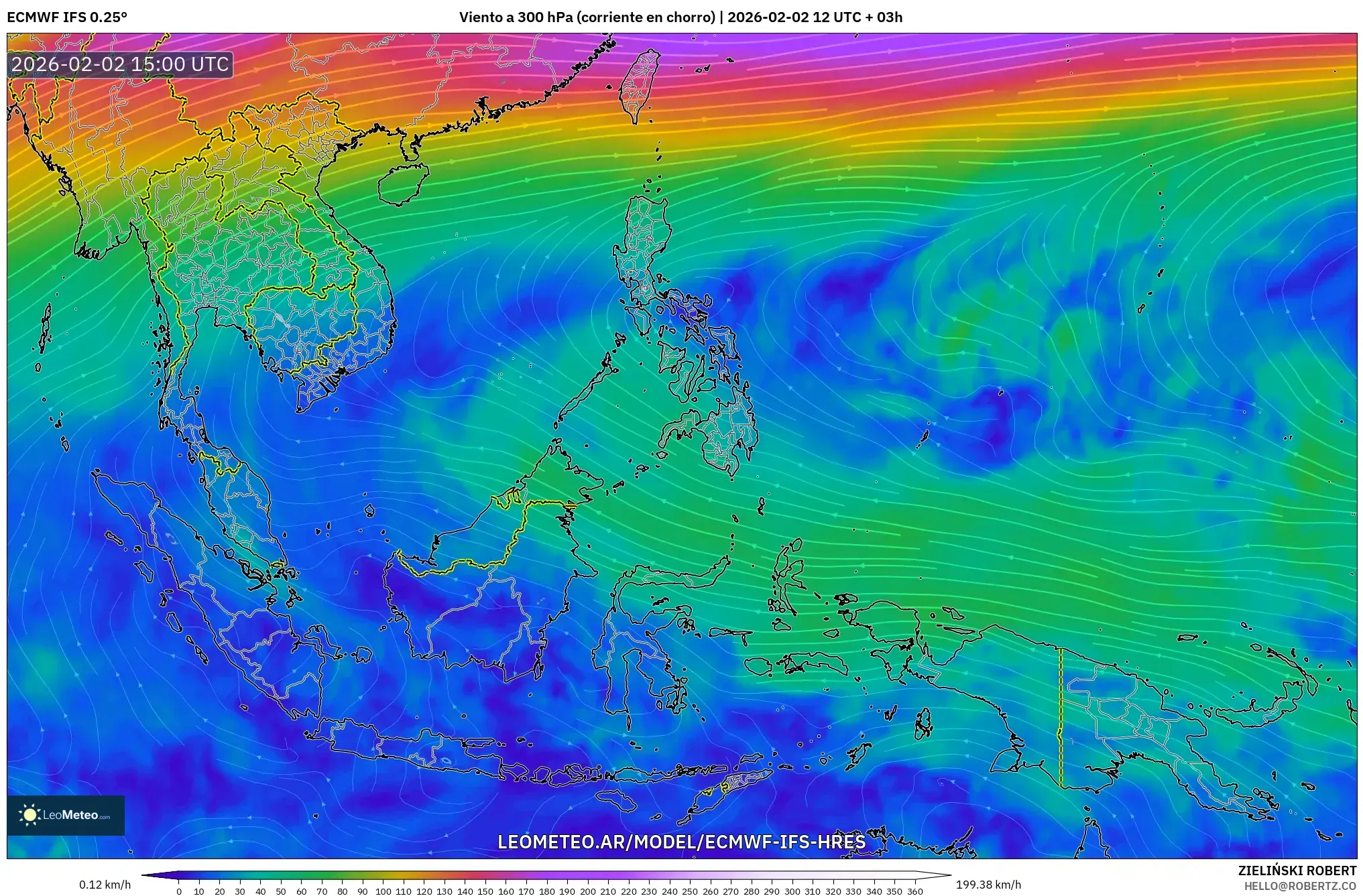 ECMWF IFS 0.25° model - Sudeste Asiático, Viento a 300 hPa (corriente en chorro)