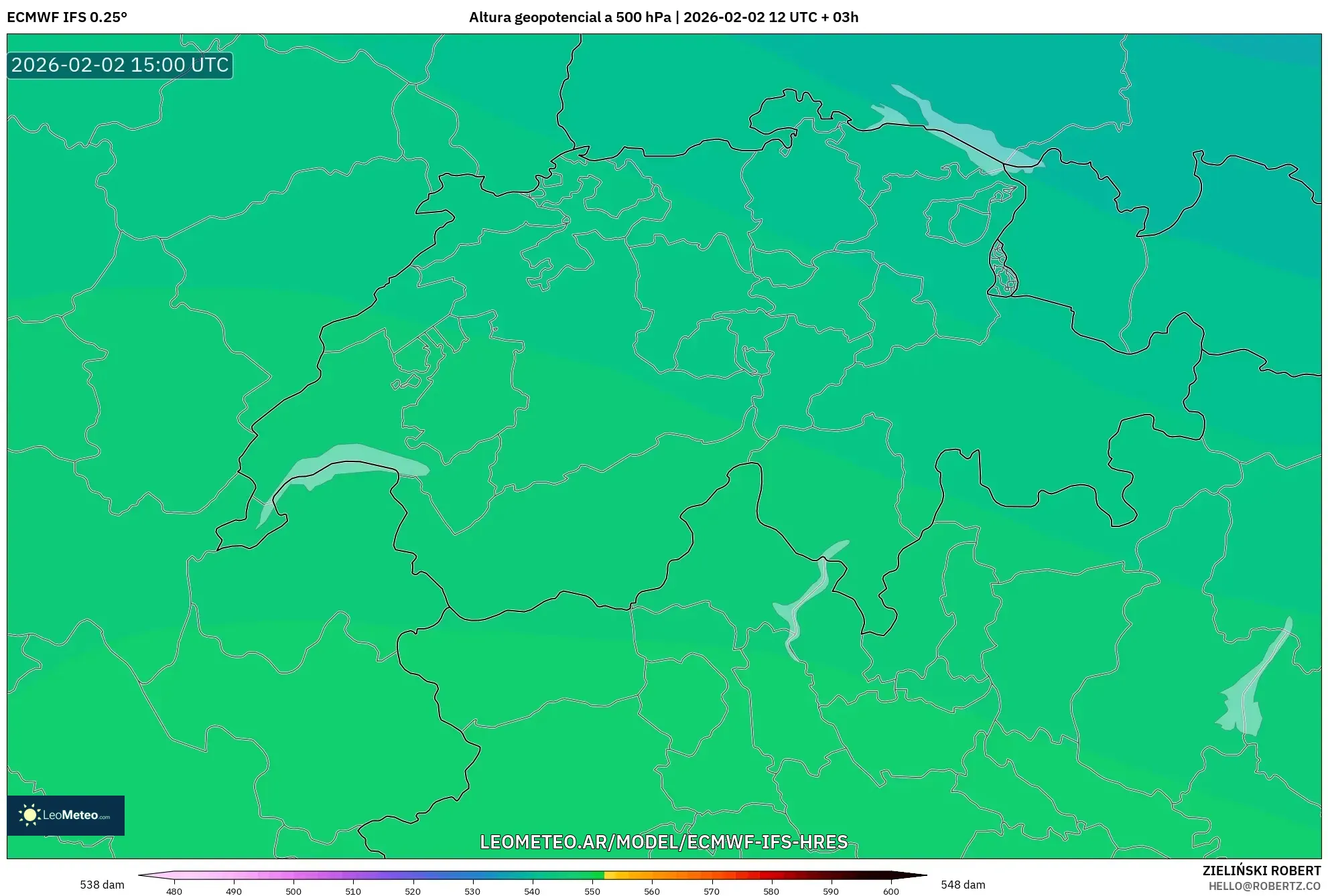 ECMWF IFS 0.25° model - Suiza, Altura geopotencial a 500 hPa