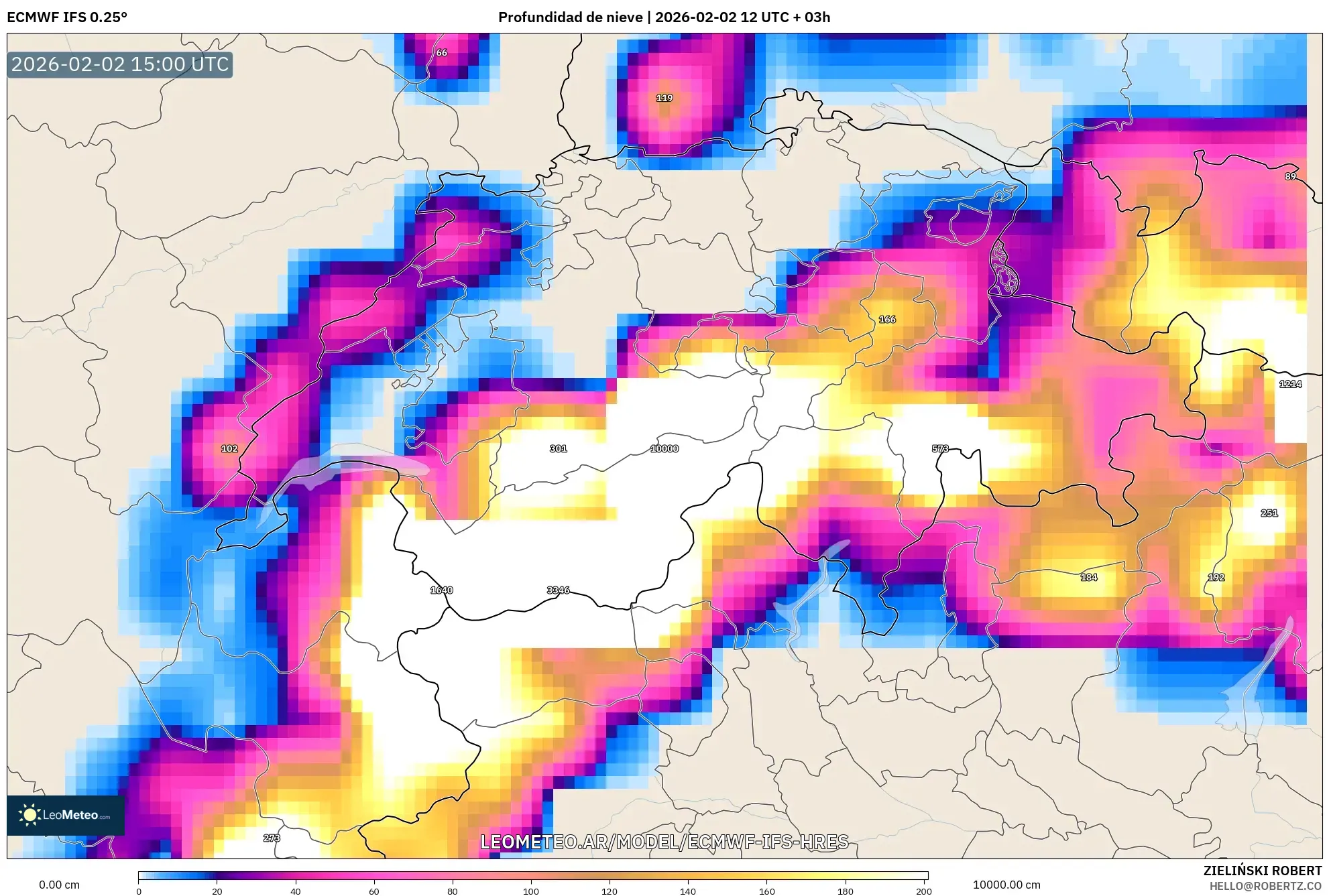 ECMWF IFS 0.25° model - Suiza, Profundidad de nieve