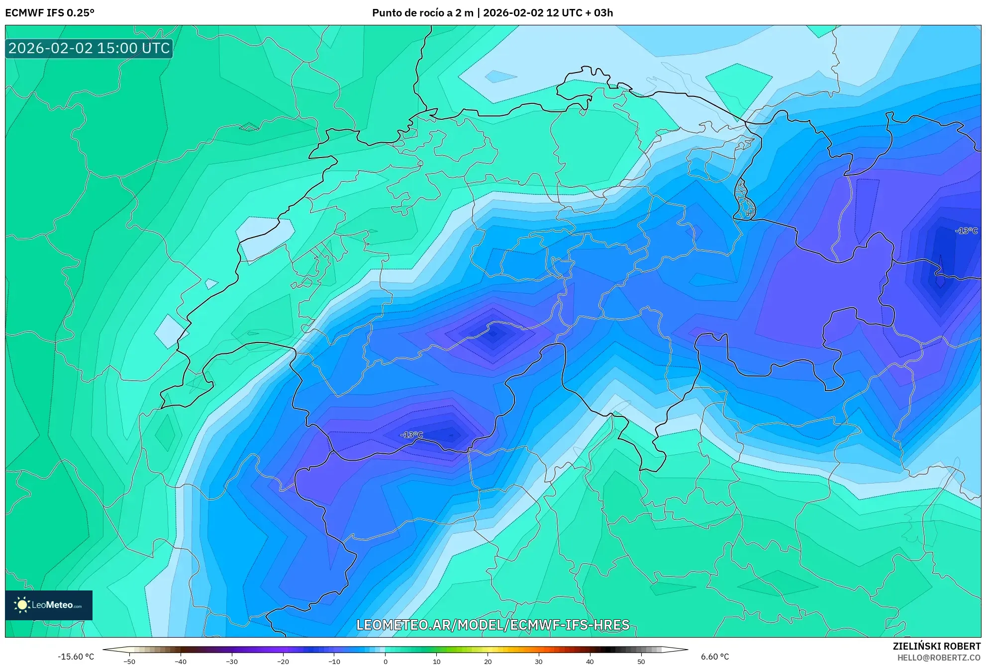 ECMWF IFS 0.25° model - Suiza, Punto de rocío a 2 m