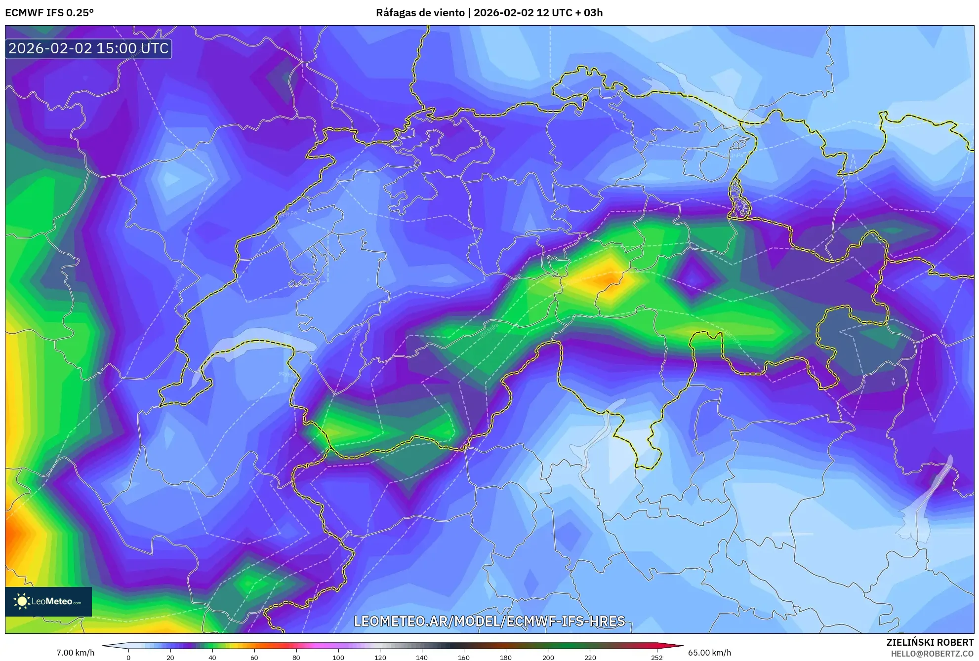 ECMWF IFS 0.25° model - Suiza, Ráfagas de viento