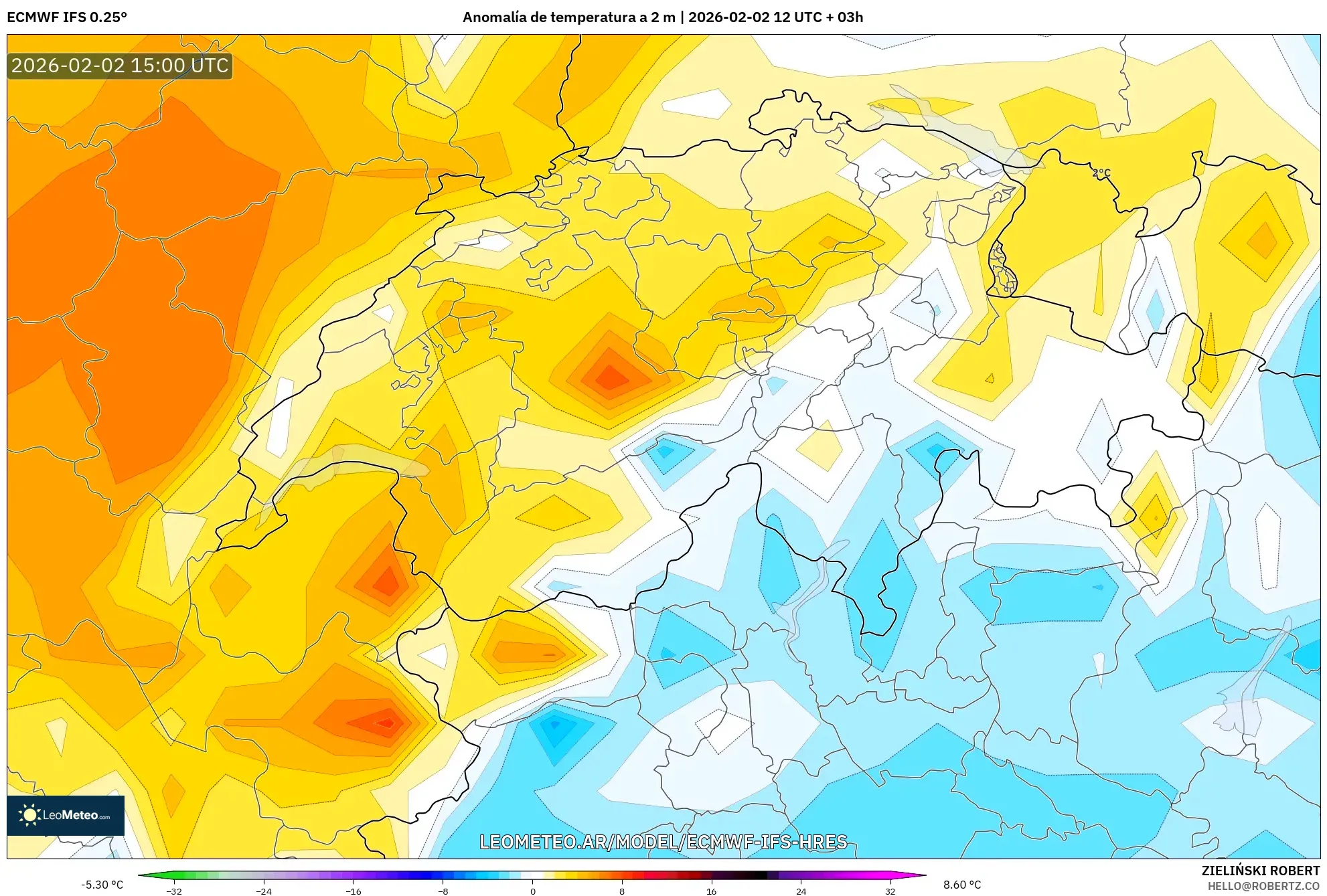 ECMWF IFS 0.25° model - Suiza, Anomalía de temperatura a 2 m