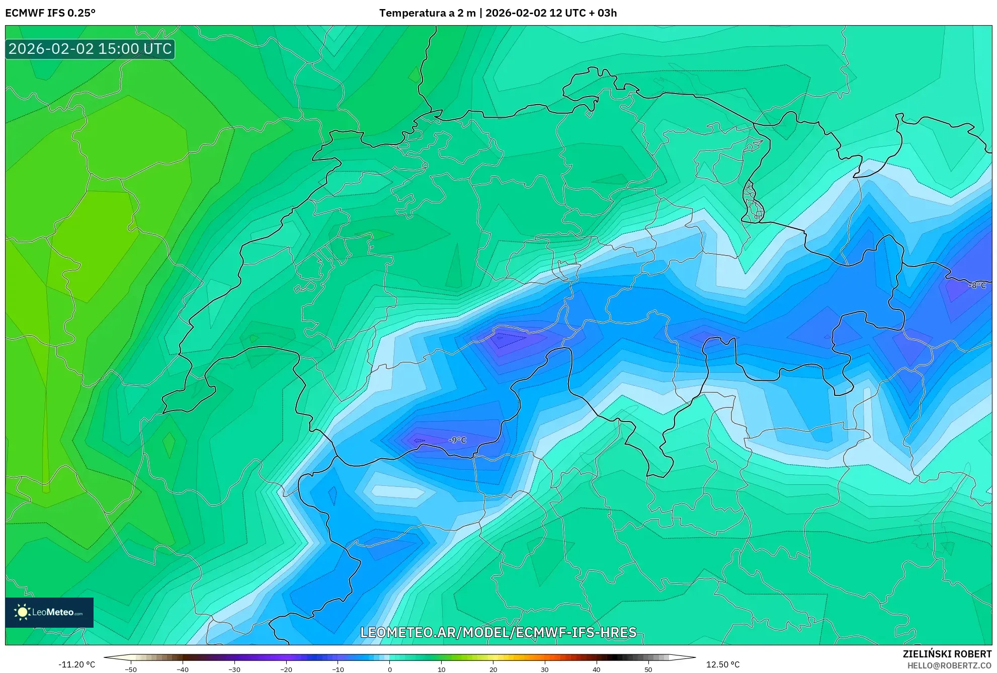 ECMWF IFS 0.25° model - Suiza, Temperatura a 2 m
