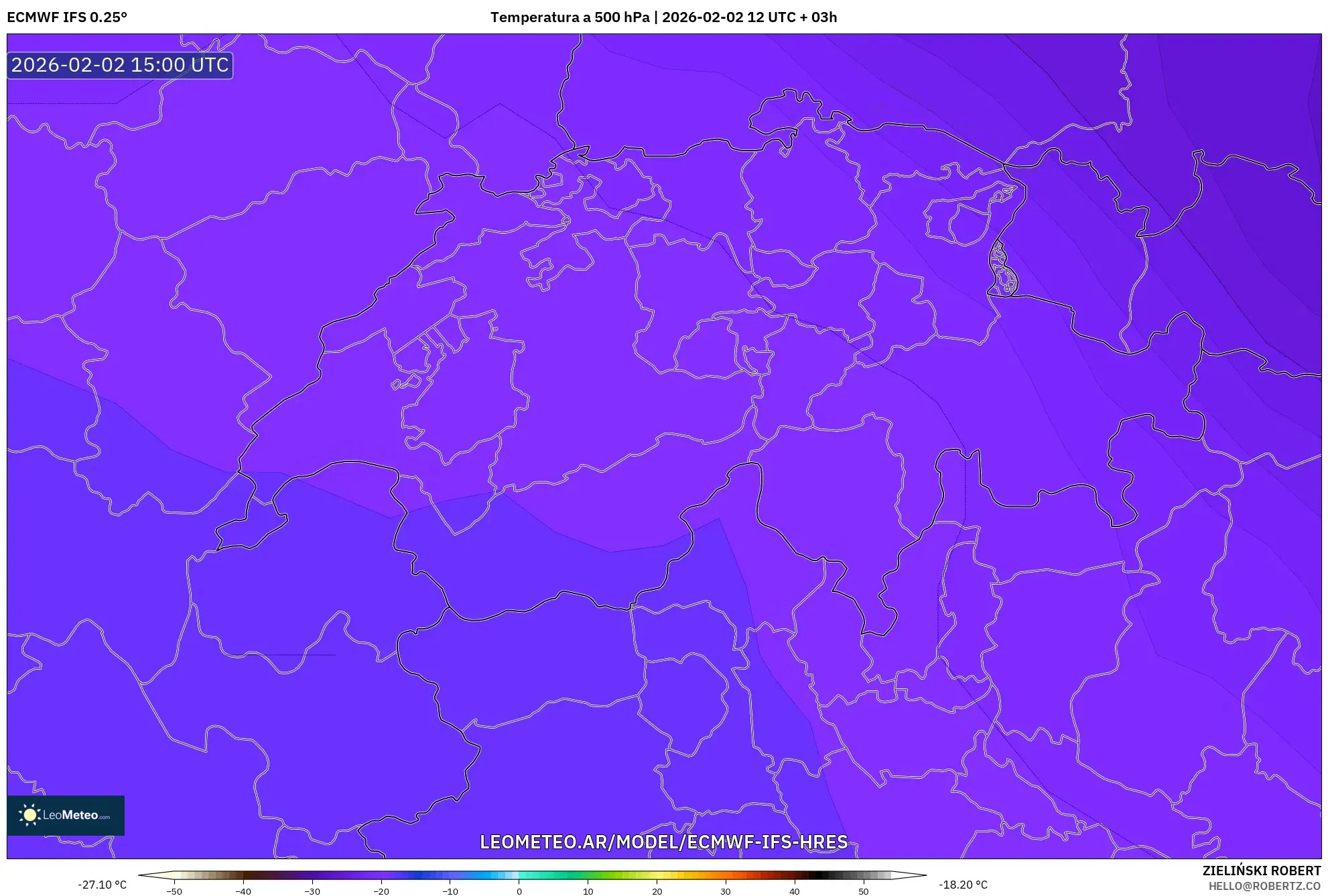 ECMWF IFS 0.25° model - Suiza, Temperatura a 500 hPa