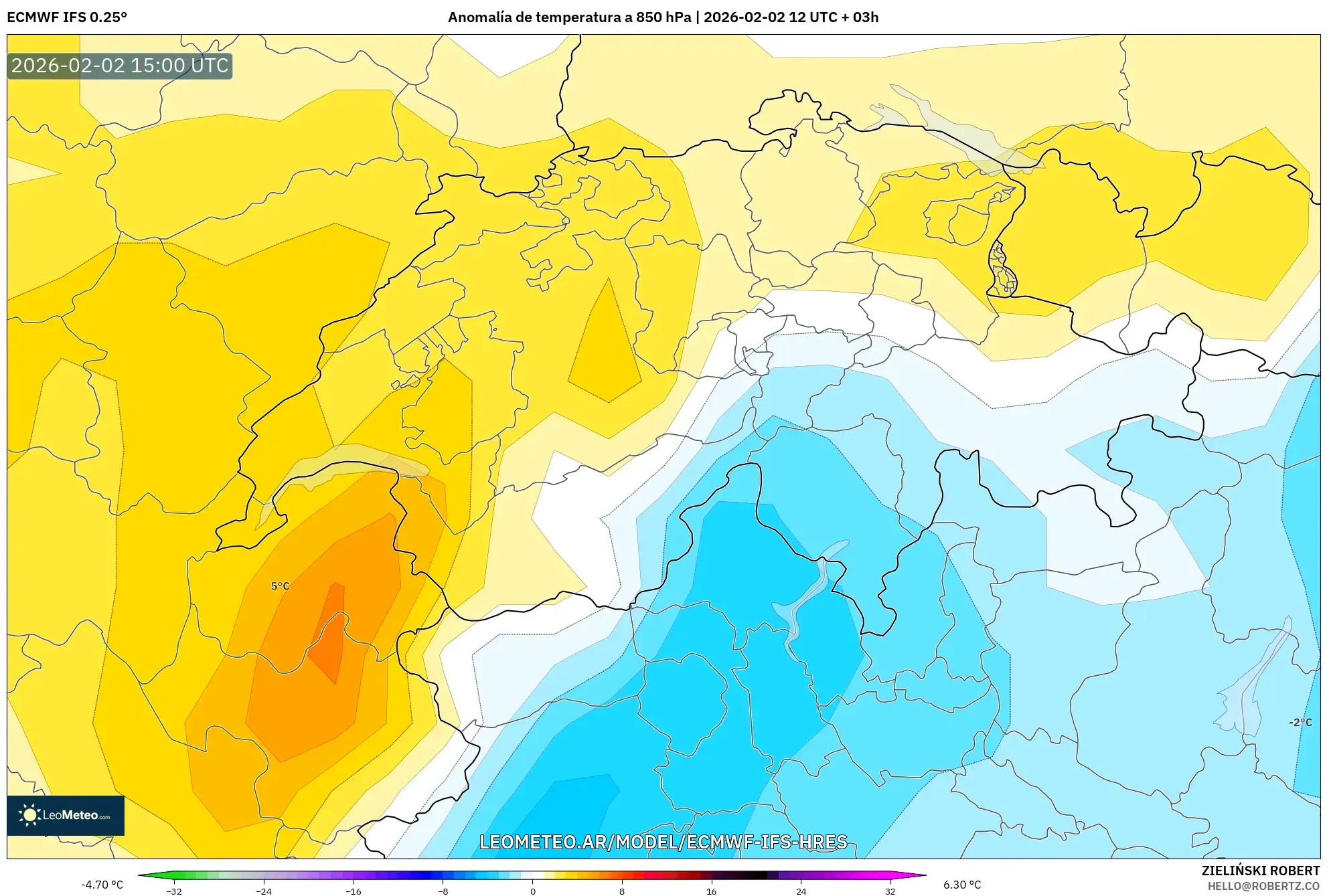 ECMWF IFS 0.25° model - Suiza, Anomalía de temperatura a 850 hPa
