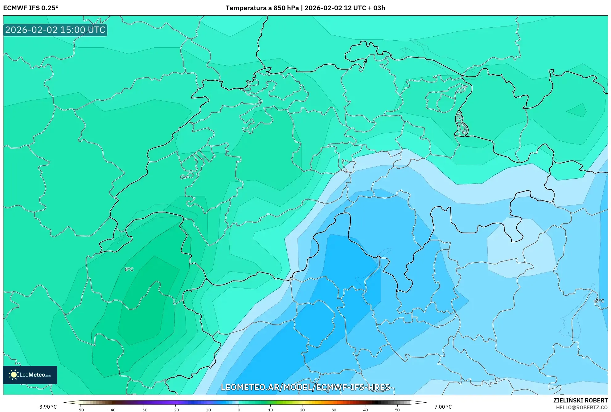 ECMWF IFS 0.25° model - Suiza, Temperatura a 850 hPa