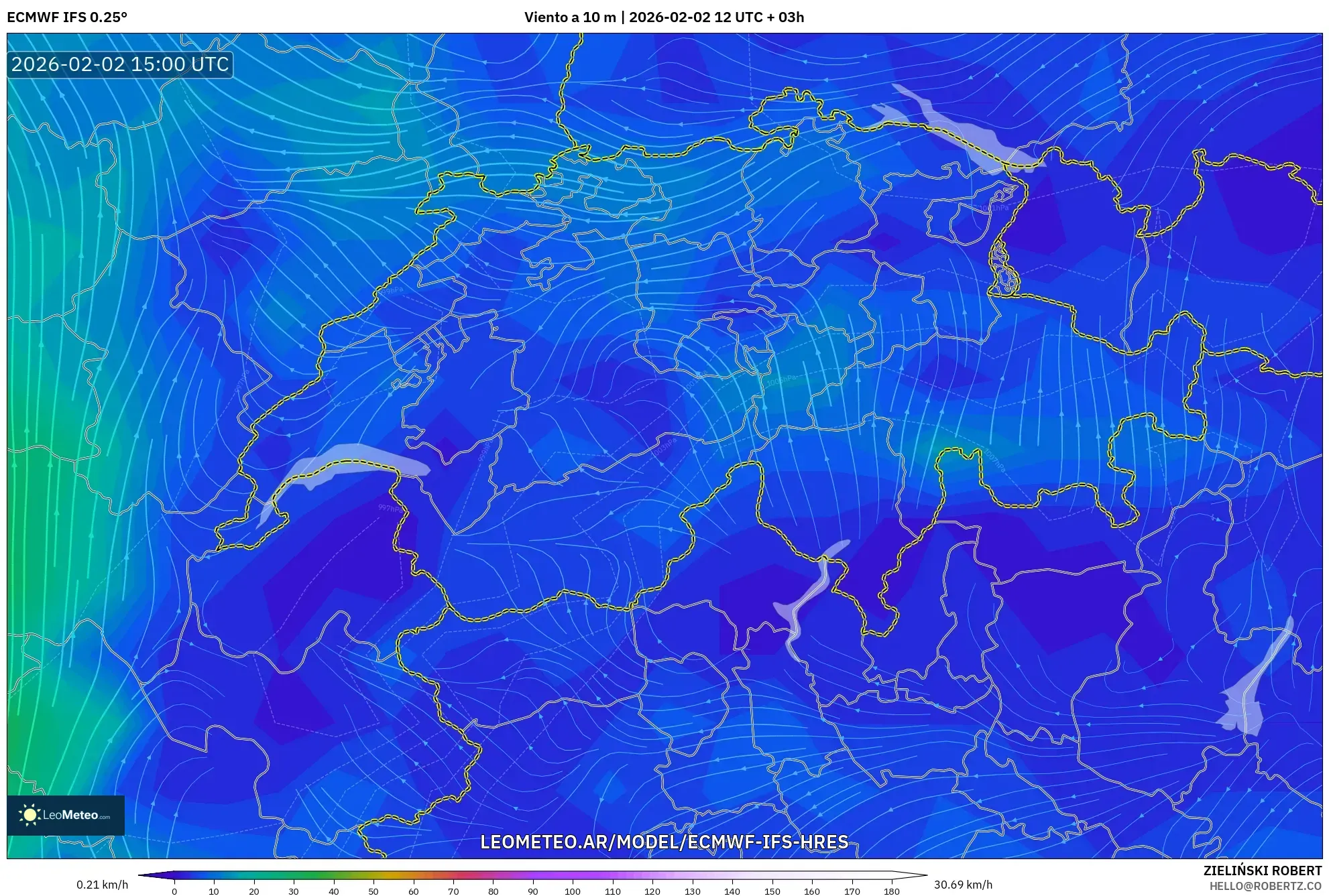 ECMWF IFS 0.25° model - Suiza, Viento a 10 m