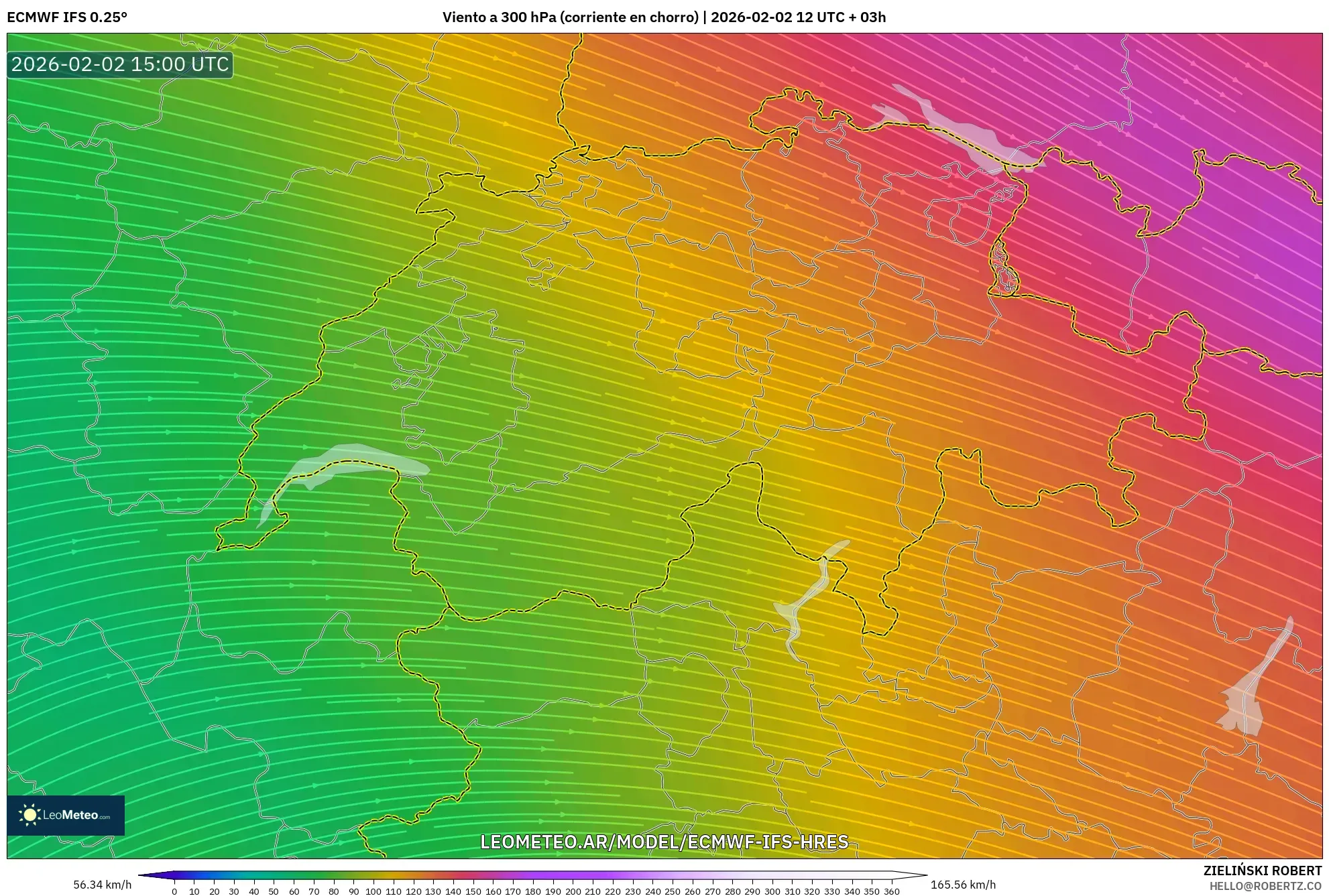 ECMWF IFS 0.25° model - Suiza, Viento a 300 hPa (corriente en chorro)