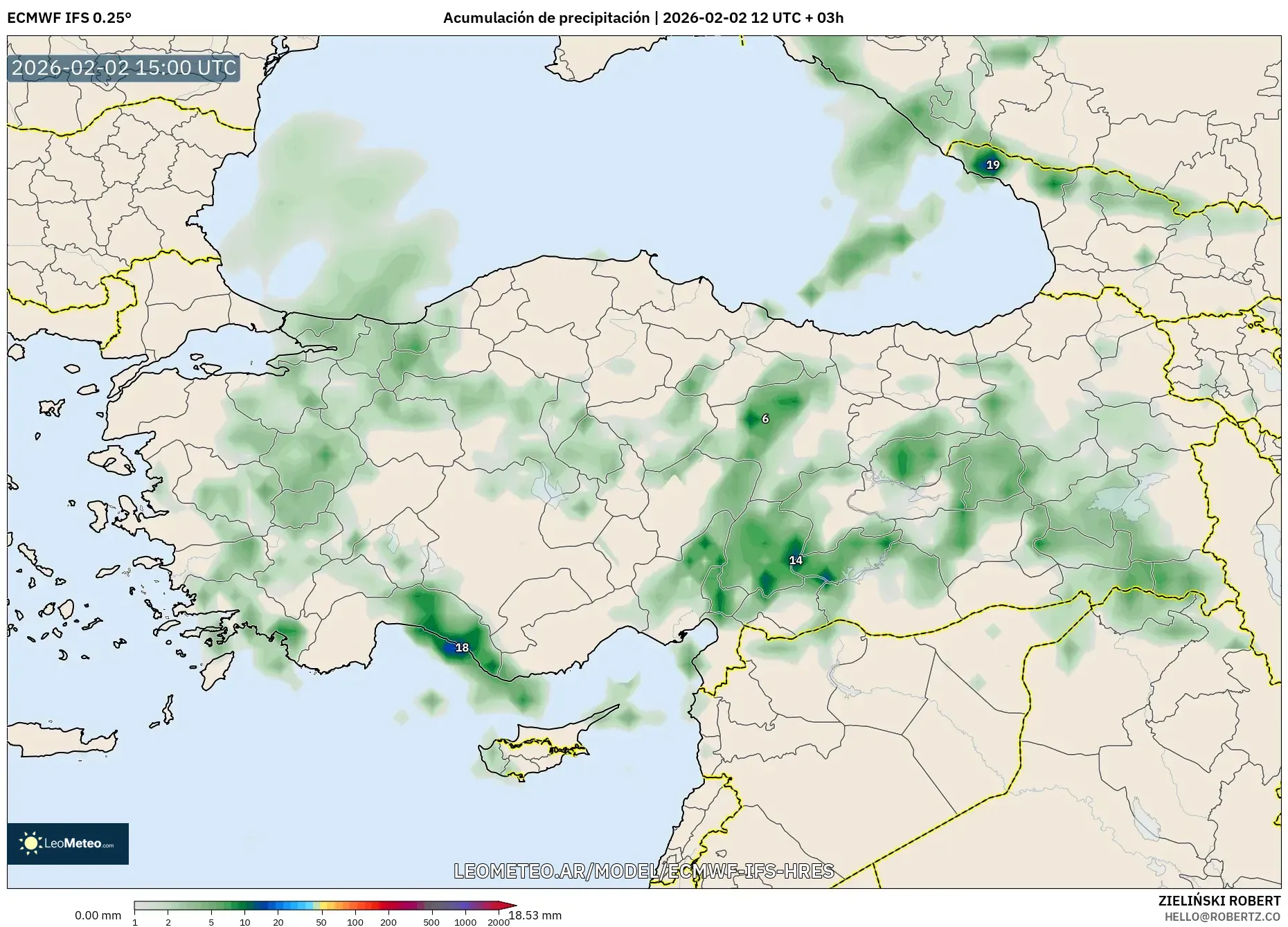 ECMWF IFS 0.25° model - Turquía, Acumulación de precipitación