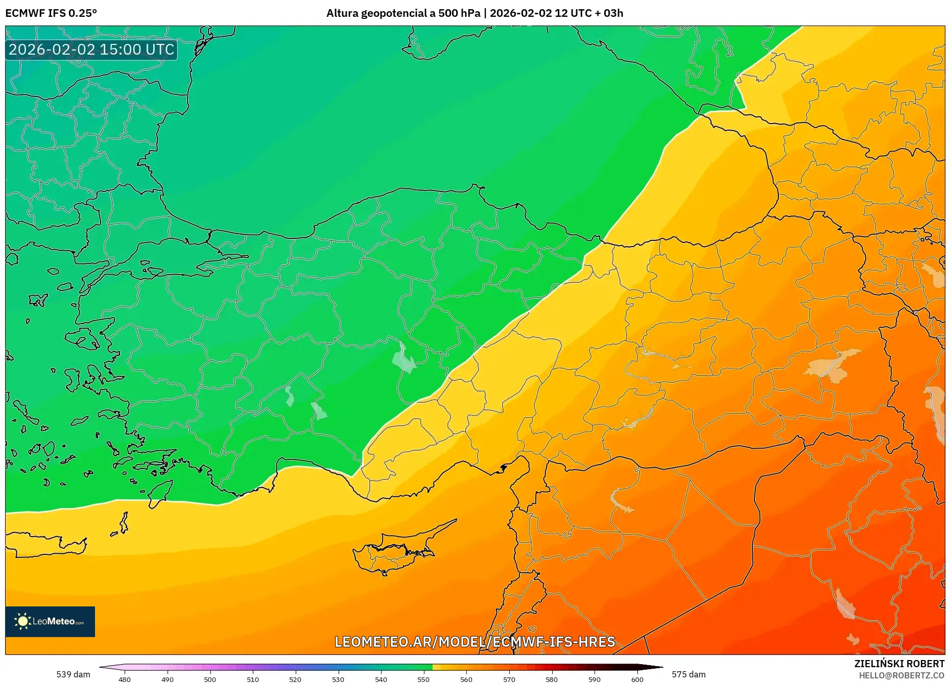 ECMWF IFS 0.25° model - Turquía, Altura geopotencial a 500 hPa