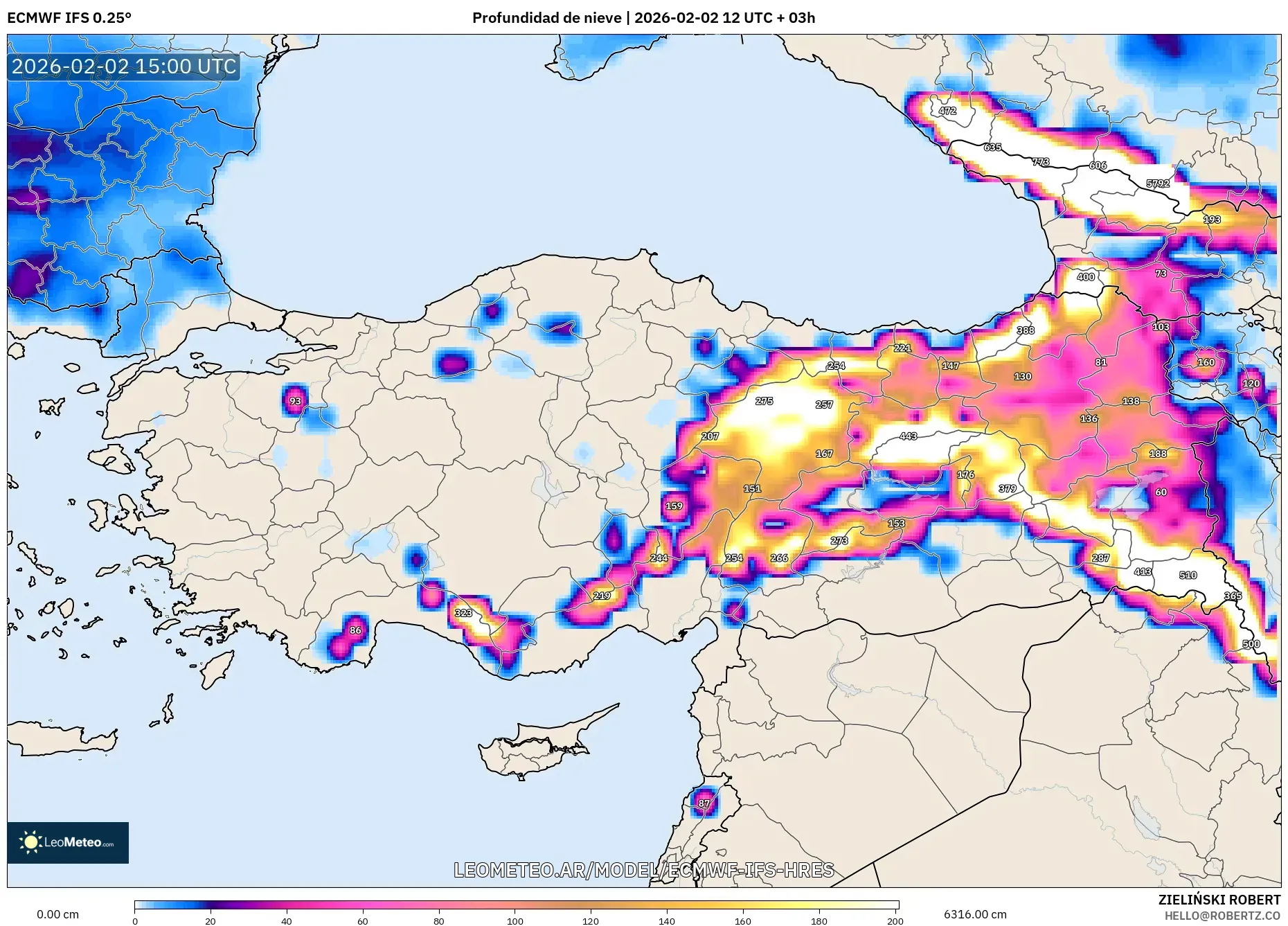 ECMWF IFS 0.25° model - Turquía, Profundidad de nieve