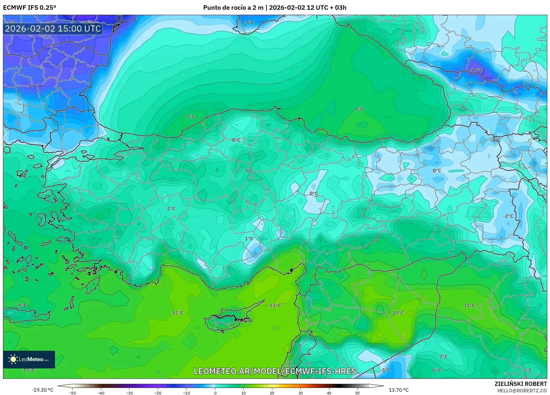 ECMWF IFS 0.25° model - Turquía, Punto de rocío a 2 m