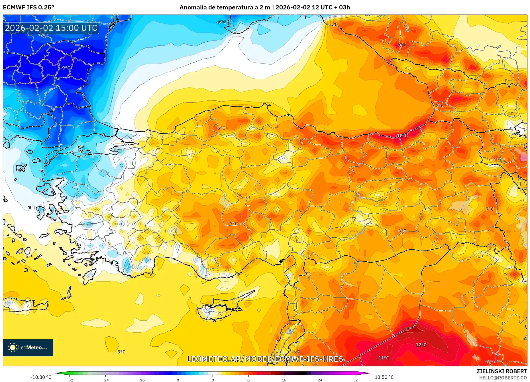 ECMWF IFS 0.25° model - Turquía, Anomalía de temperatura a 2 m