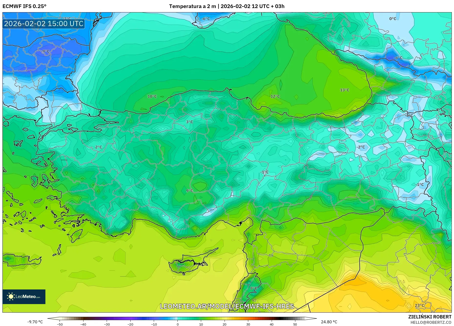 ECMWF IFS 0.25° model - Turquía, Temperatura a 2 m
