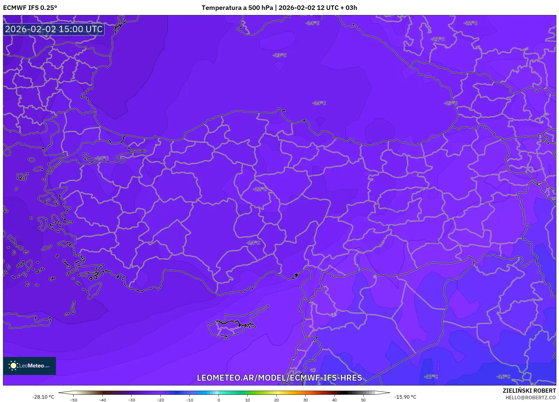 ECMWF IFS 0.25° model - Turquía, Temperatura a 500 hPa