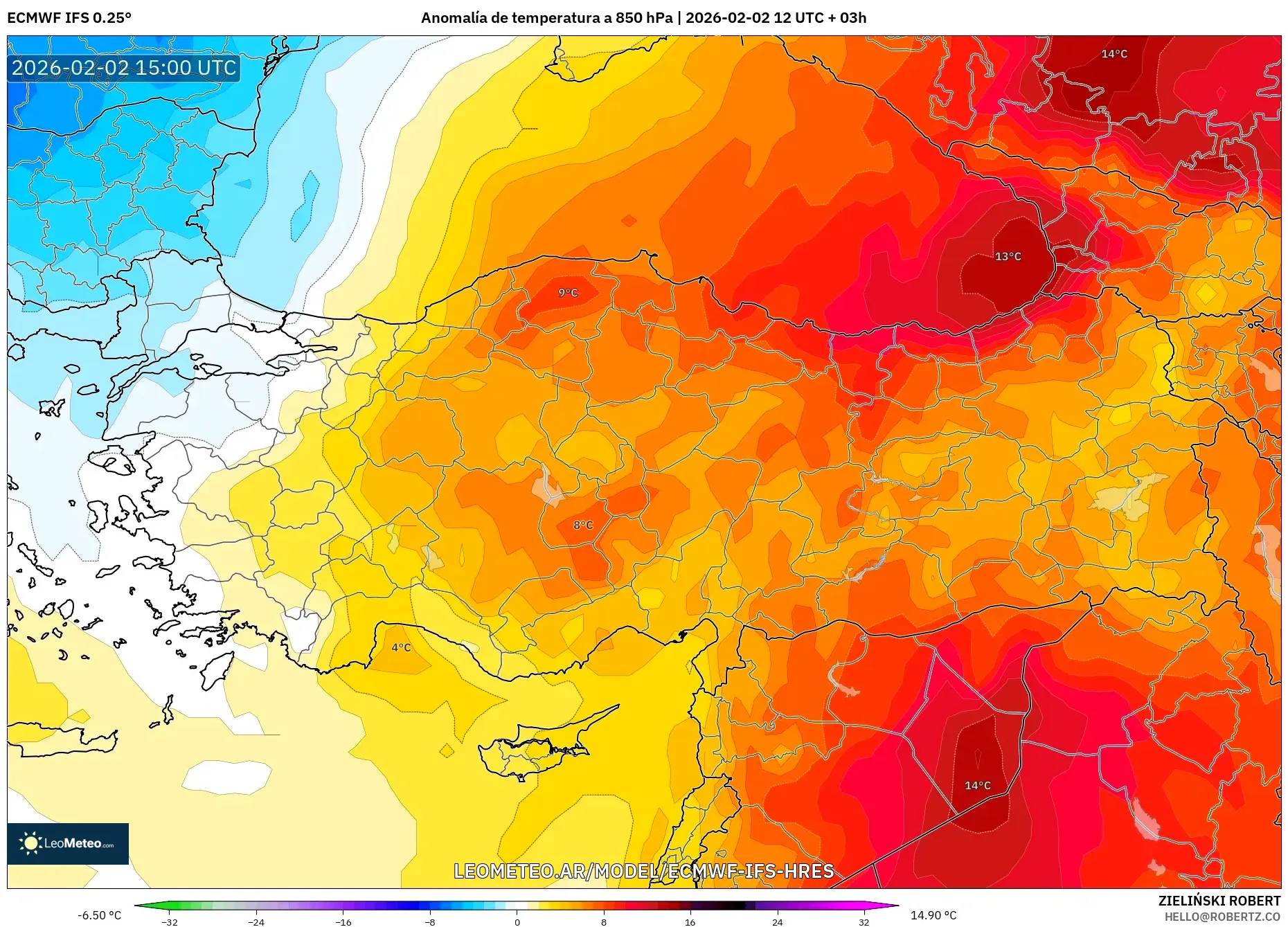 ECMWF IFS 0.25° model - Turquía, Anomalía de temperatura a 850 hPa