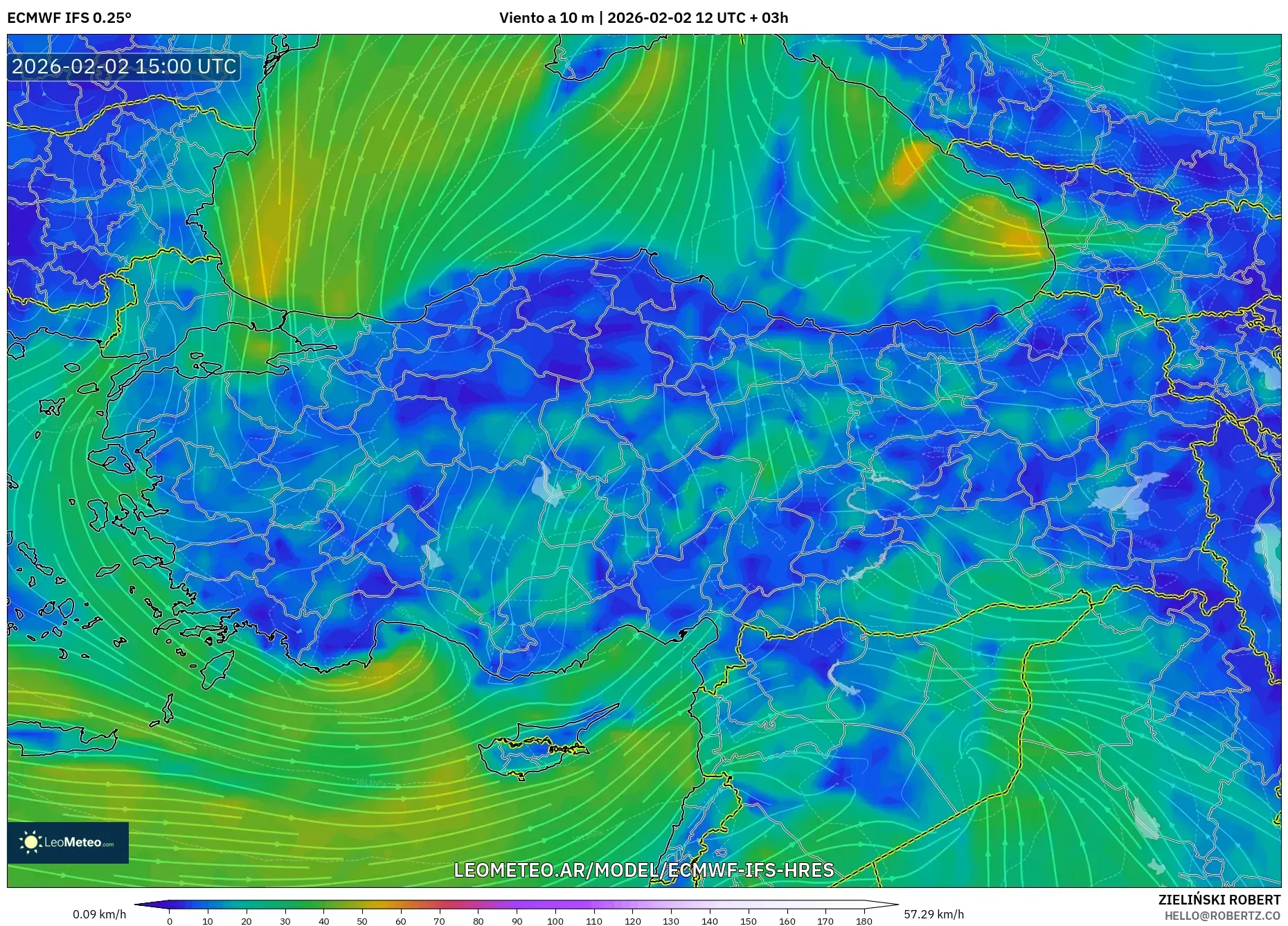 ECMWF IFS 0.25° model - Turquía, Viento a 10 m