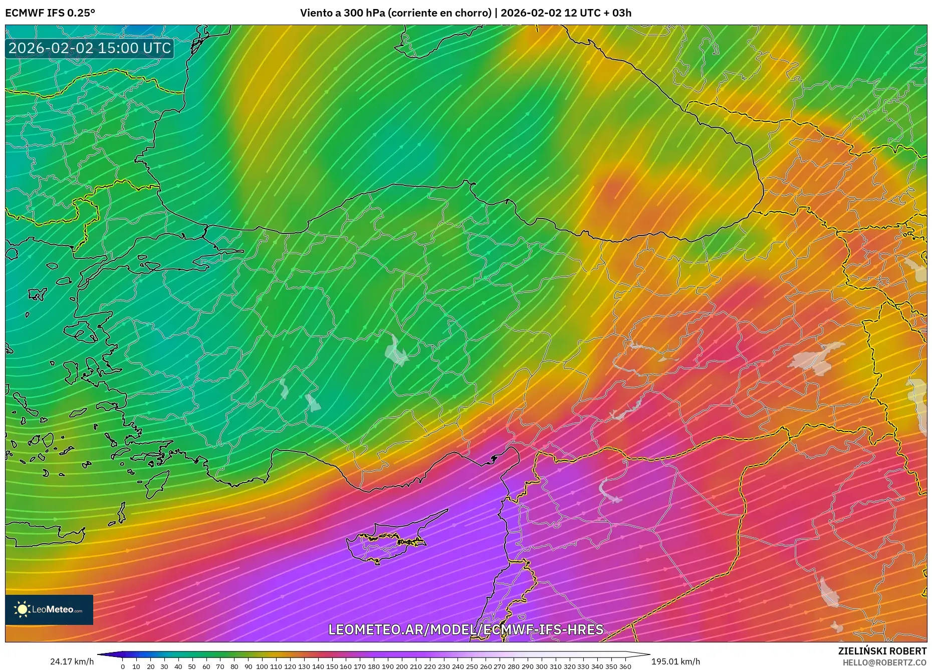 ECMWF IFS 0.25° model - Turquía, Viento a 300 hPa (corriente en chorro)