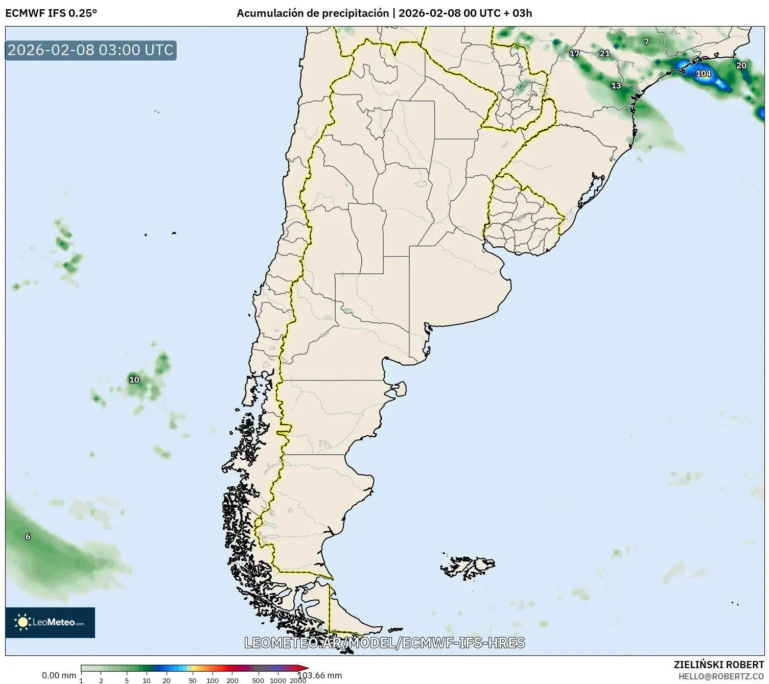 ECMWF IFS 0.25° model - Argentina, Acumulación de precipitación