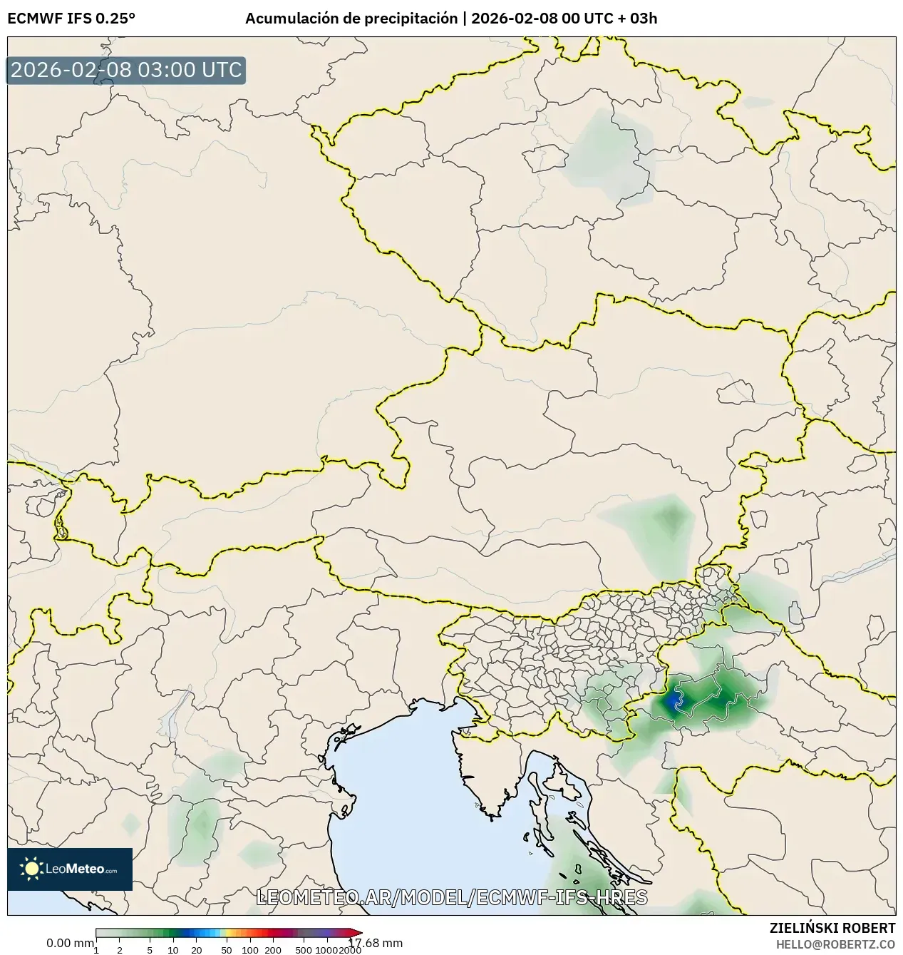ECMWF IFS 0.25° model - Austria, Acumulación de precipitación