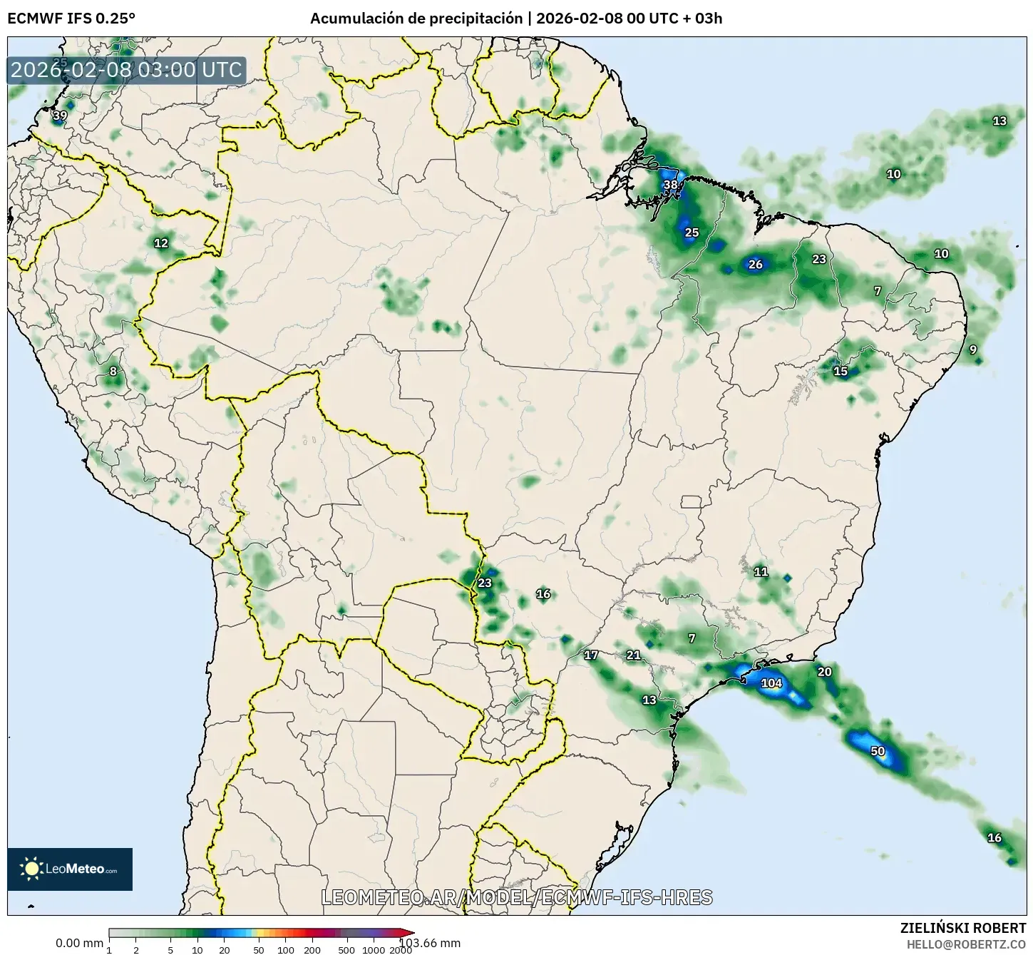 ECMWF IFS 0.25° model - Brasil, Acumulación de precipitación