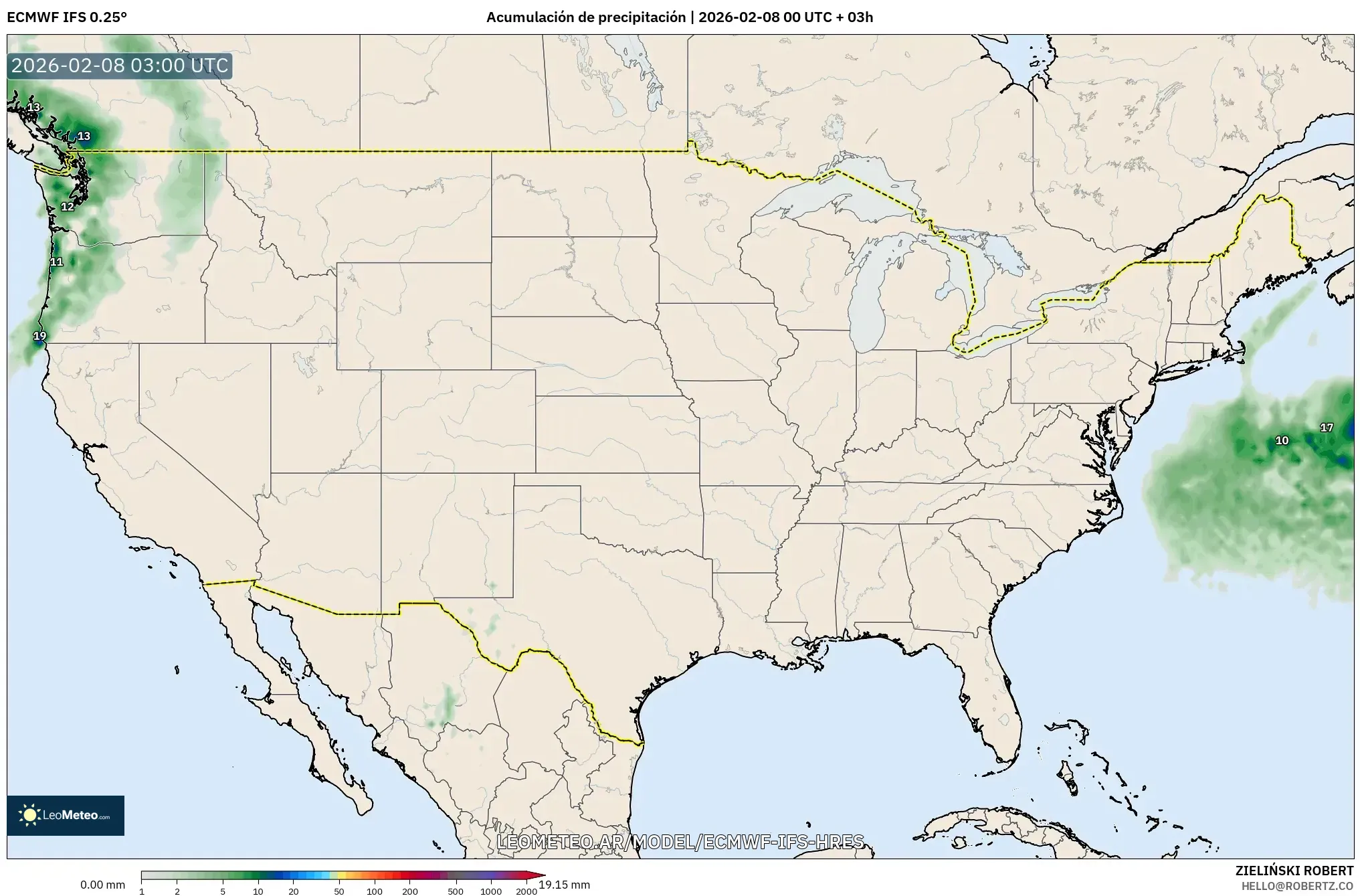 ECMWF IFS 0.25° model - Estados Unidos, Acumulación de precipitación