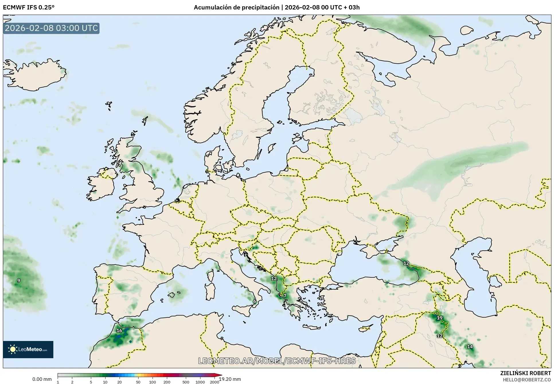 ECMWF IFS 0.25° model - Europa, Acumulación de precipitación