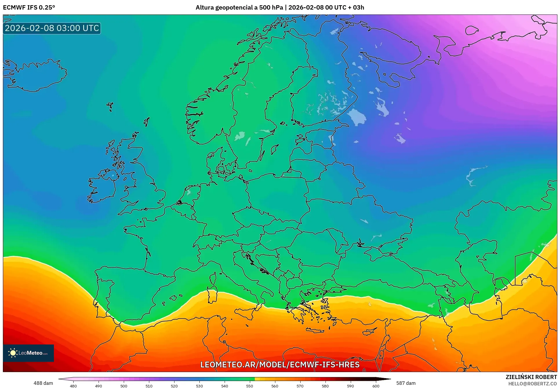 ECMWF IFS 0.25° model - Europa, Altura geopotencial a 500 hPa