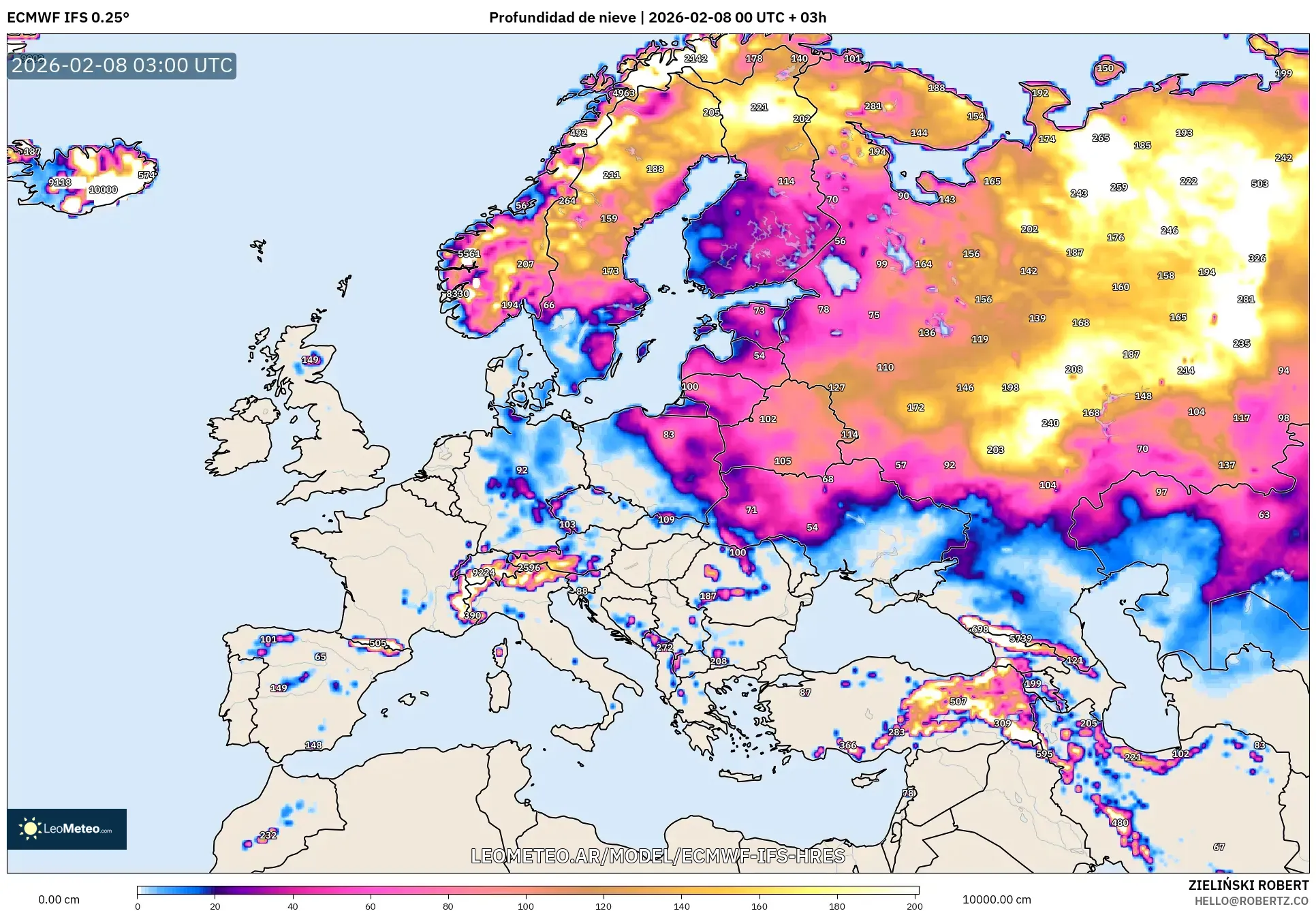 ECMWF IFS 0.25° model - Europa, Profundidad de nieve