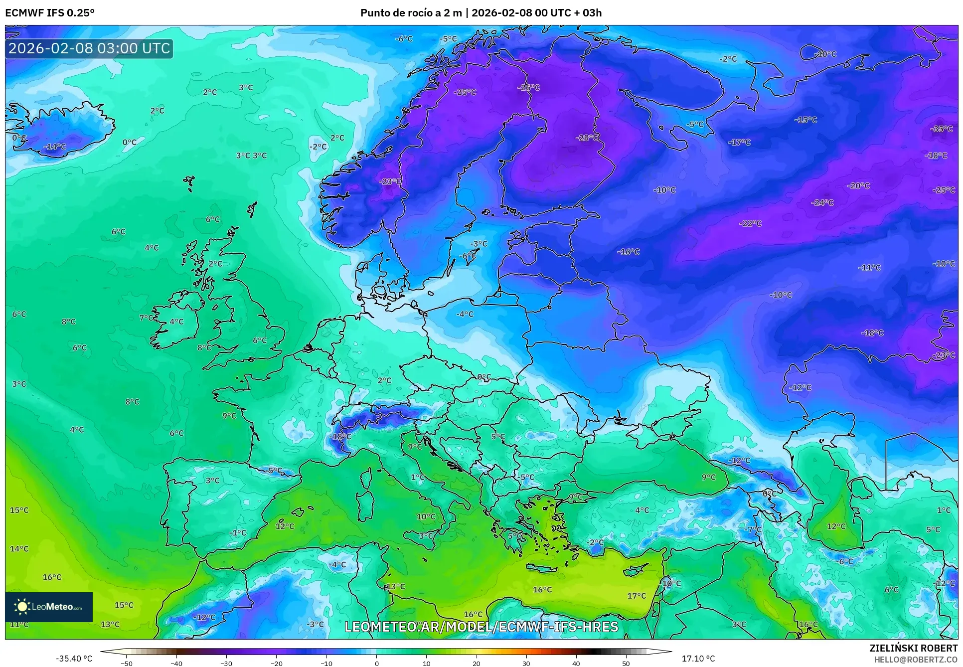 ECMWF IFS 0.25° model - Europa, Punto de rocío a 2 m