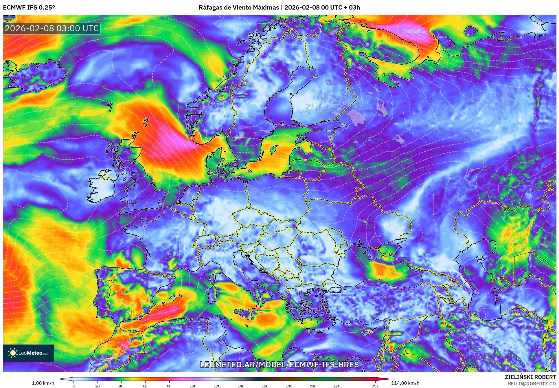 ECMWF IFS 0.25° model - Europa, Ráfagas de Viento Máximas