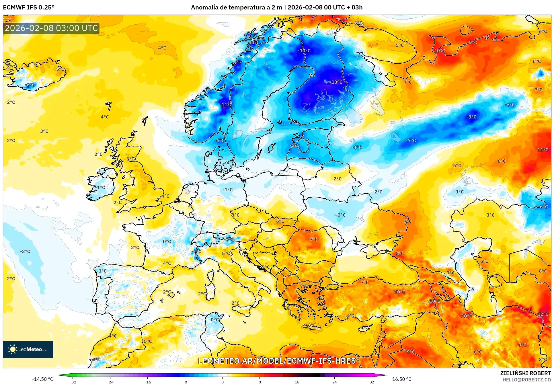 ECMWF IFS 0.25° model - Europa, Anomalía de temperatura a 2 m