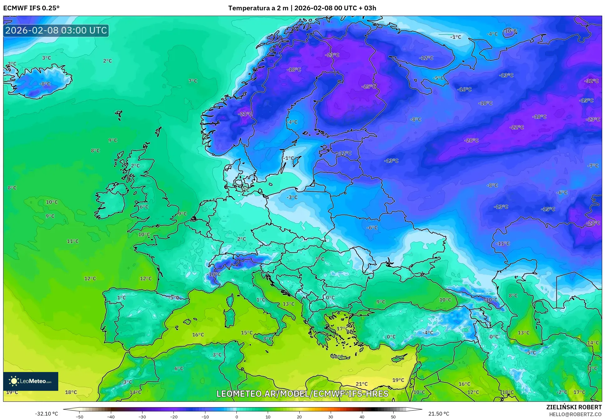 ECMWF IFS 0.25° model - Europa, Temperatura a 2 m