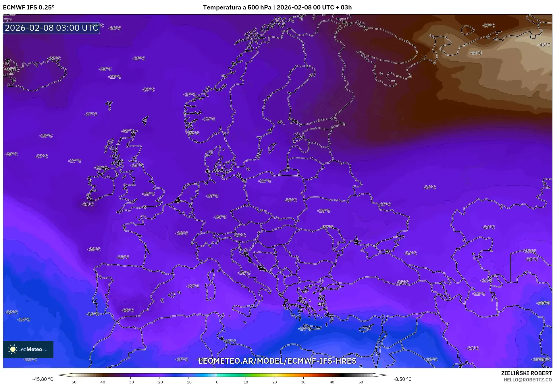 ECMWF IFS 0.25° model - Europa, Temperatura a 500 hPa