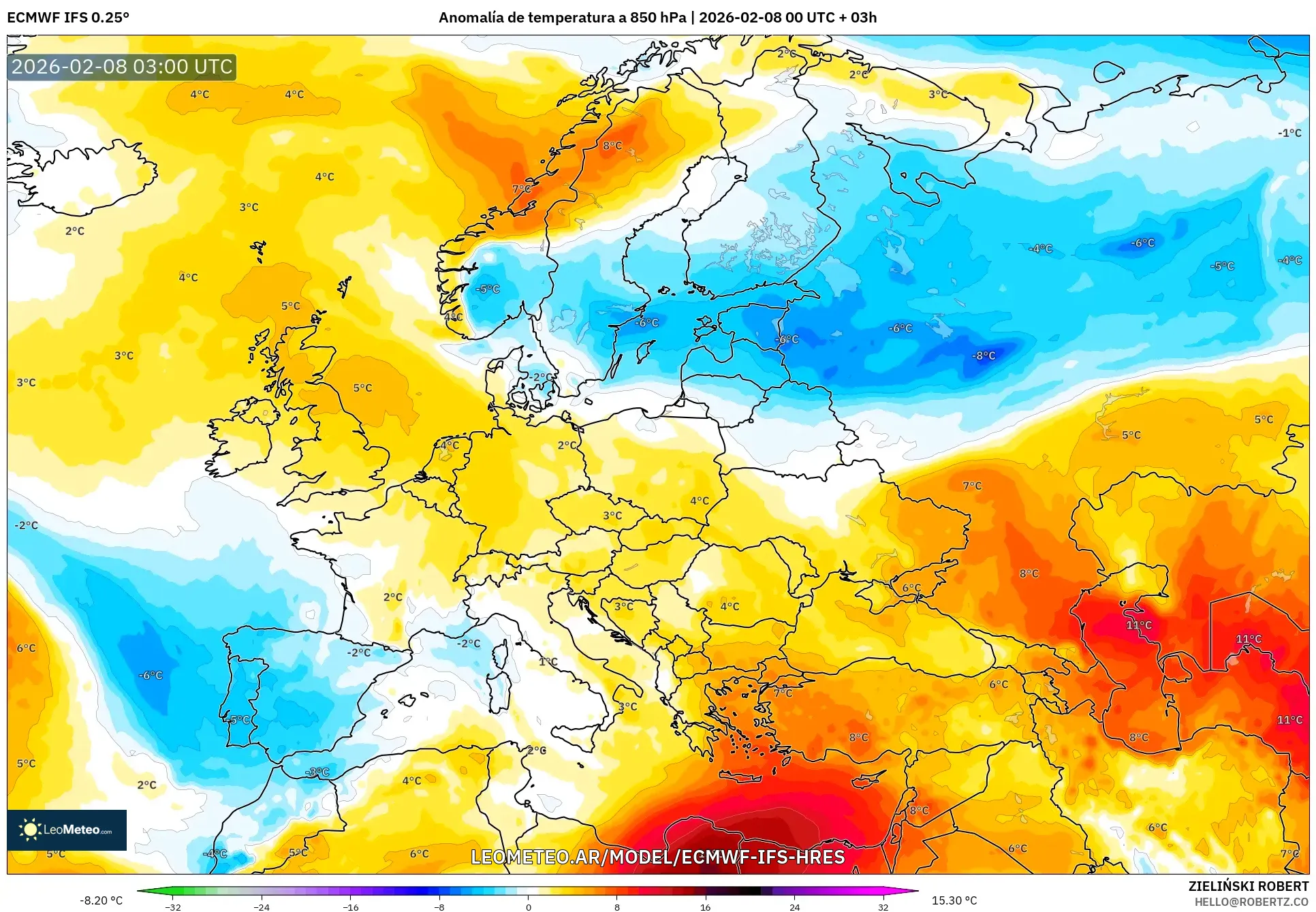 ECMWF IFS 0.25° model - Europa, Anomalía de temperatura a 850 hPa