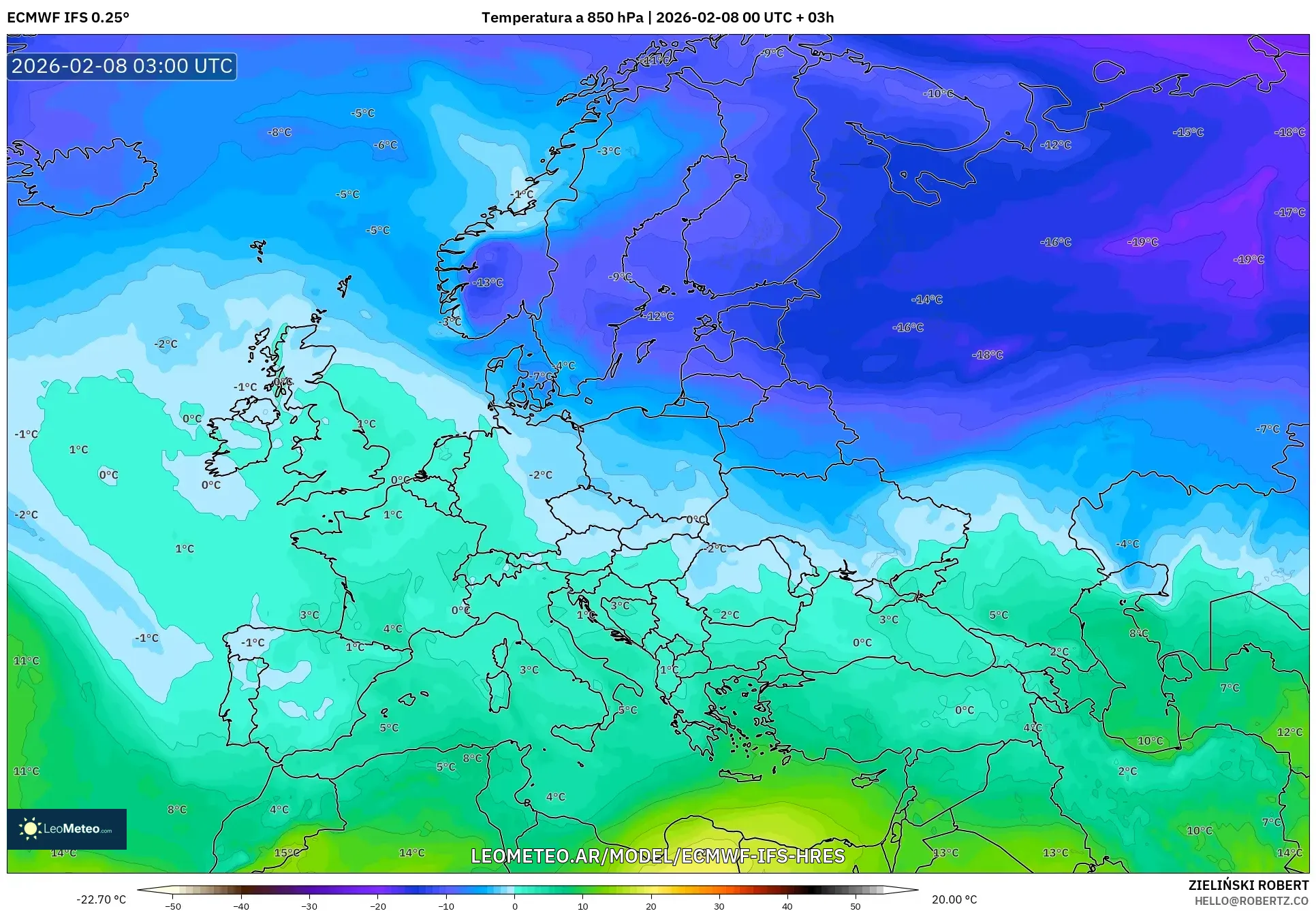 ECMWF IFS 0.25° model - Europa, Temperatura a 850 hPa